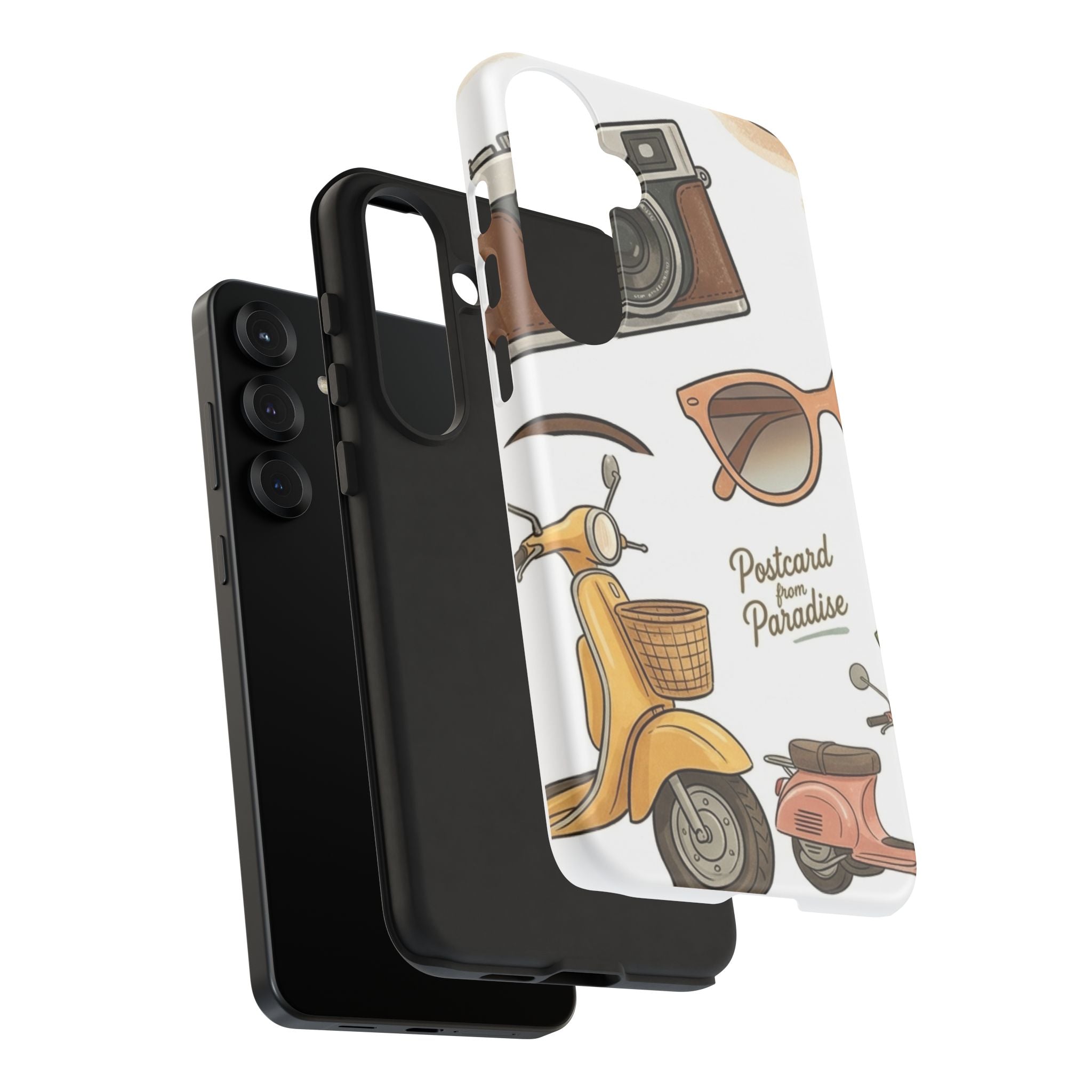 Vintage Summer Beach Phone Case — Feminine Travel Pattern with Cameras, Sunglasses & Scooter
