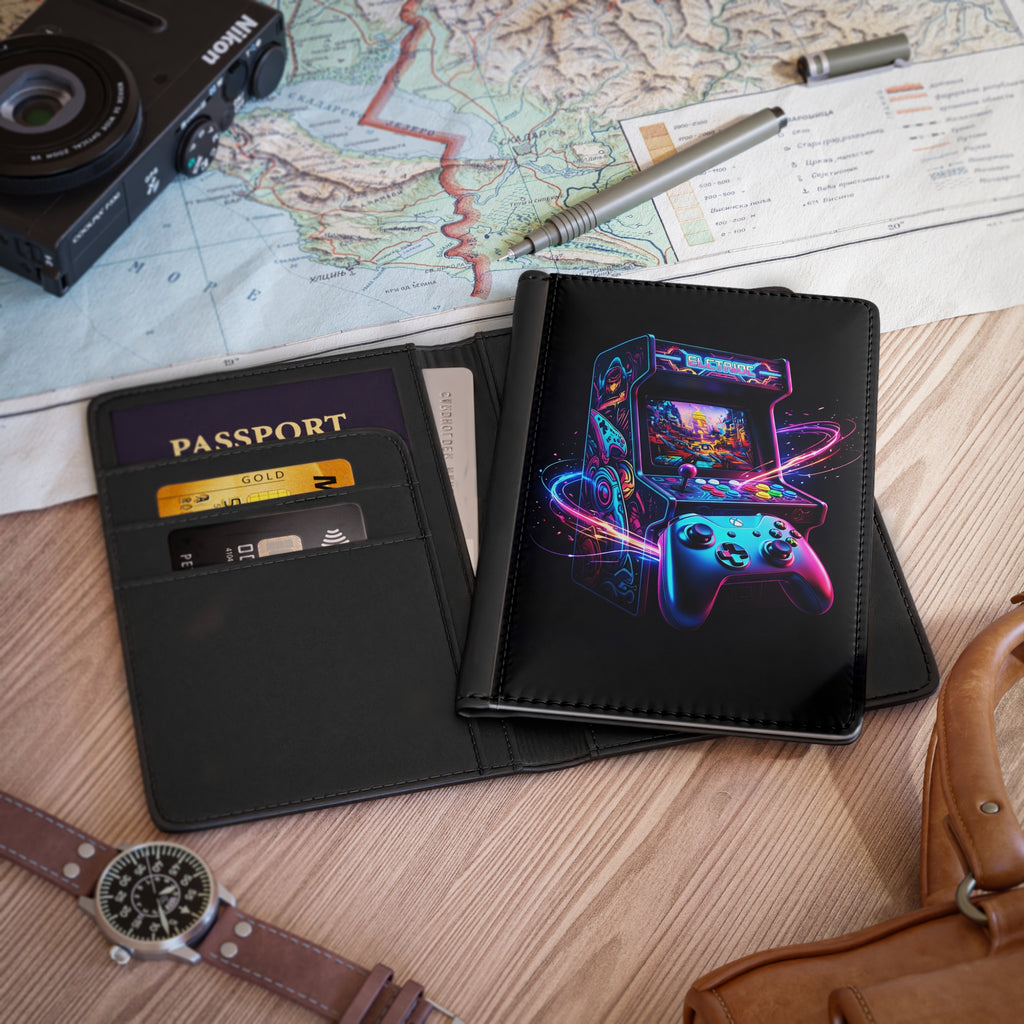 Gamer Arcade Passport Cover — Neon Retro Arcade Console Design