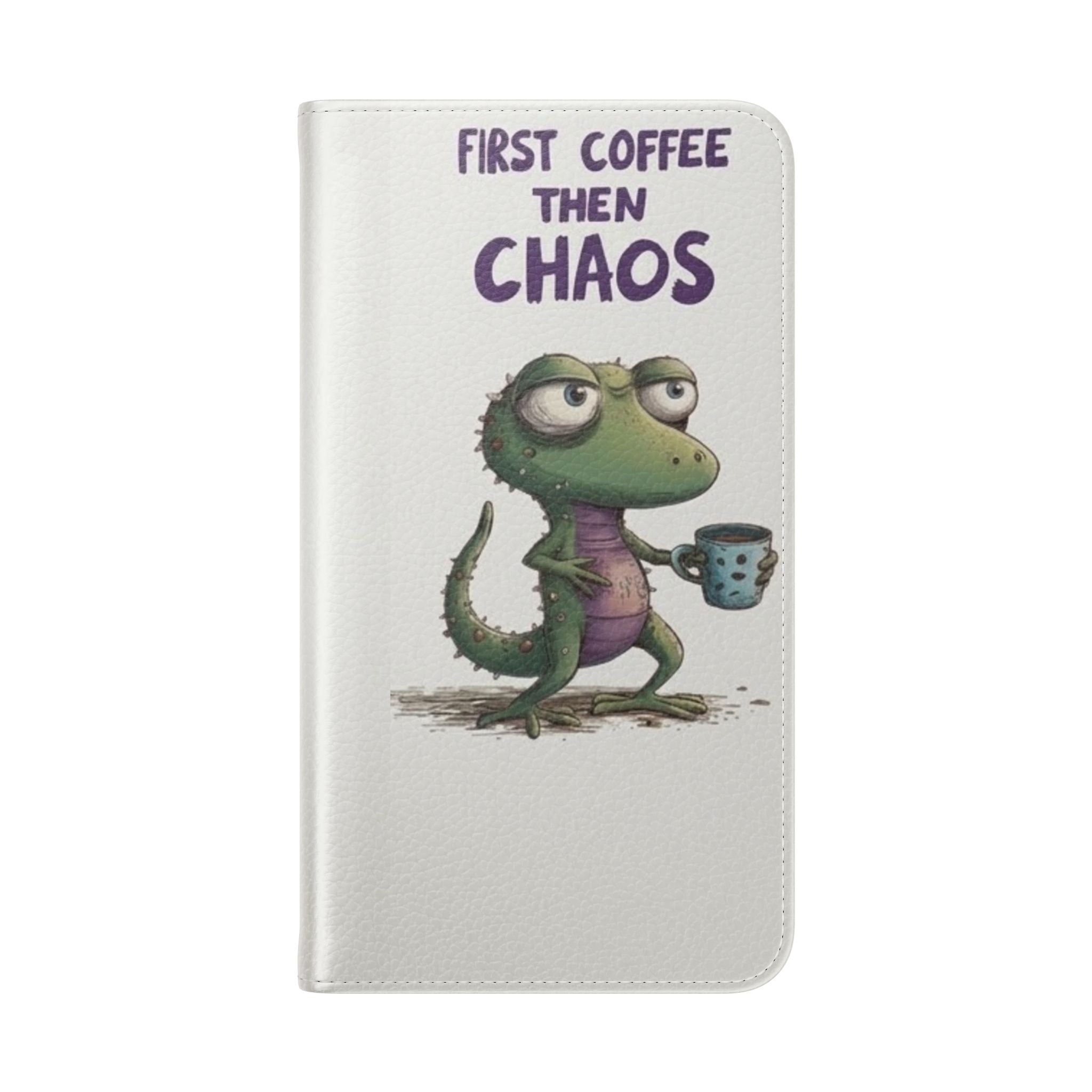 Flip Case — "First Coffee Then Chaos" Cute Dino Phone Wallet