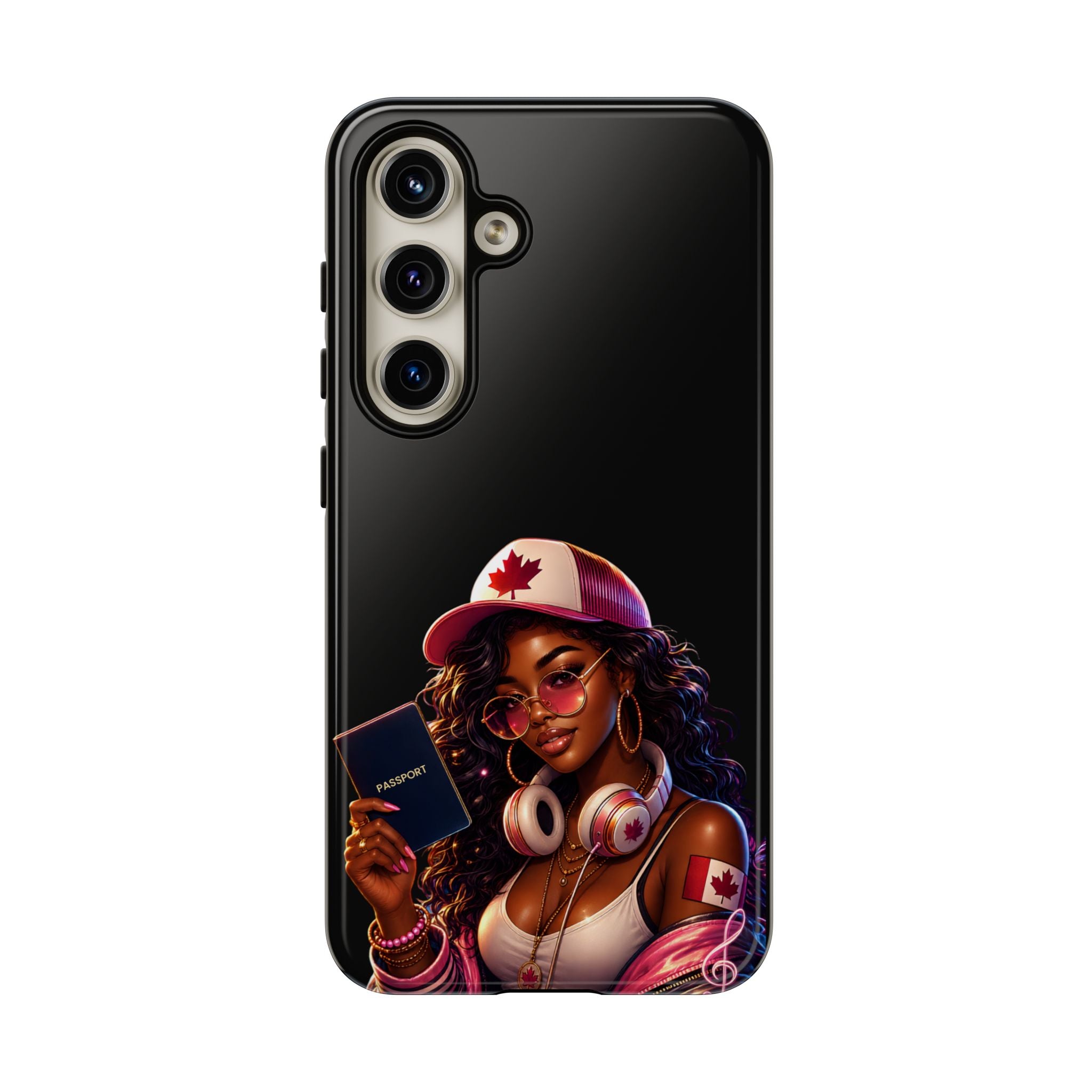 Canadian Vibes Phone Case — Afrobeat Girl with Headphones & Passport Design