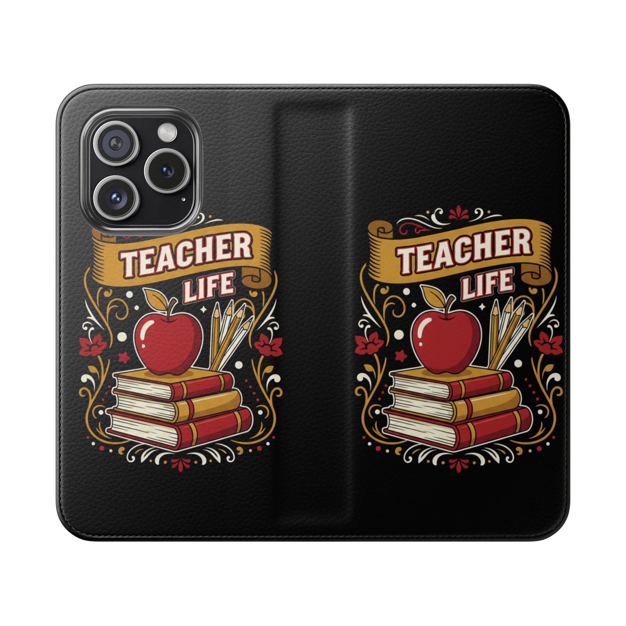 Teacher Life Flip Phone Case – Wallet Folio with Apple & Books Design