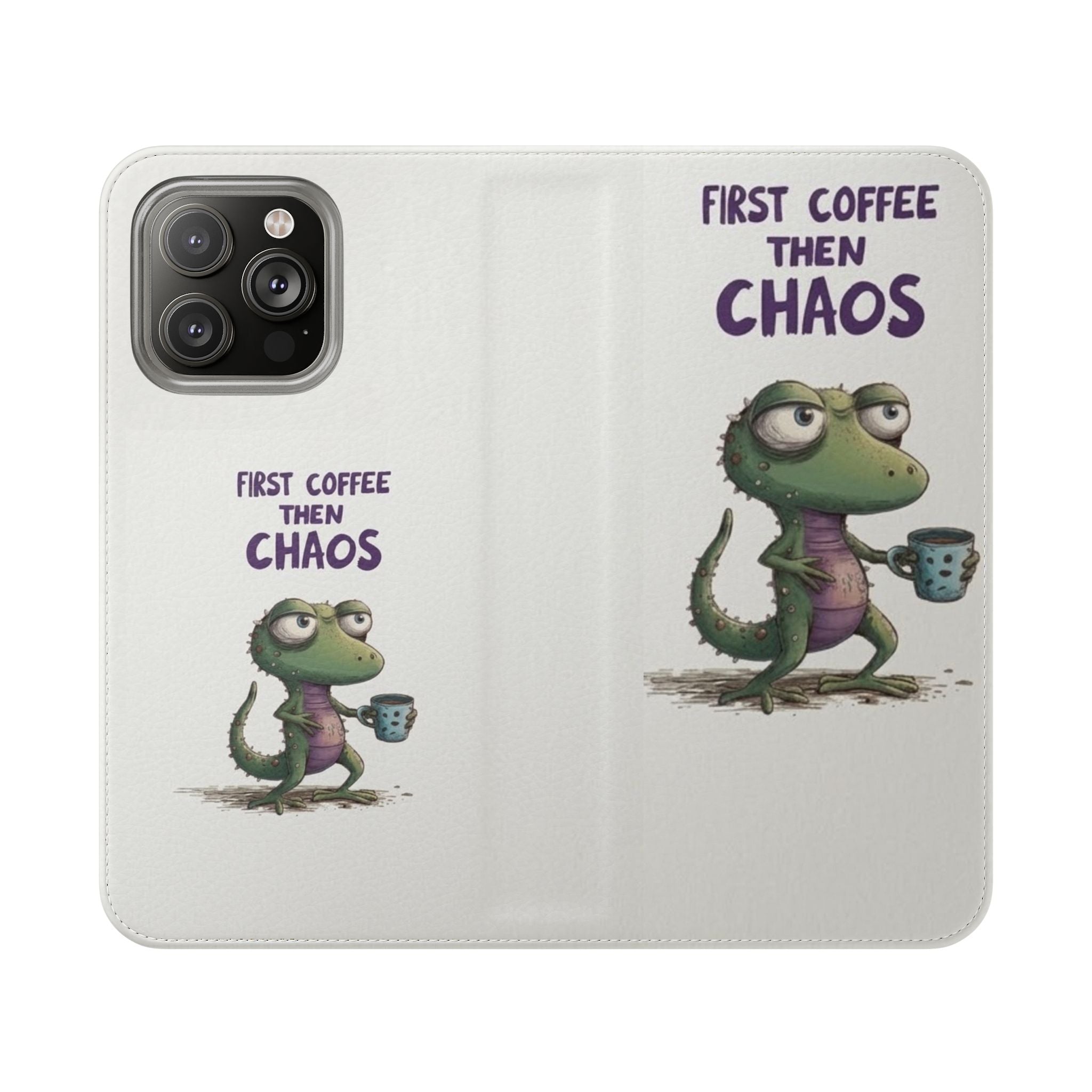 Flip Case — "First Coffee Then Chaos" Cute Dino Phone Wallet