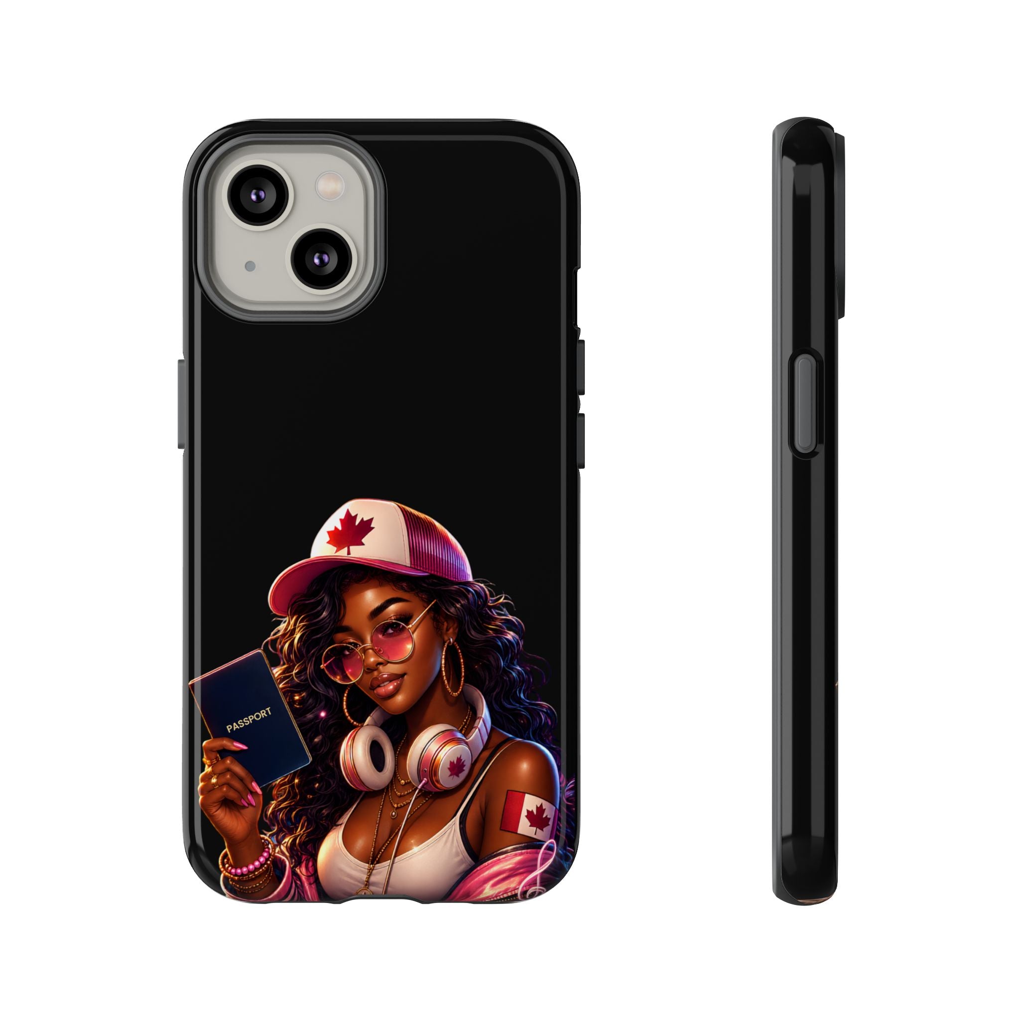 Canadian Vibes Phone Case — Afrobeat Girl with Headphones & Passport Design