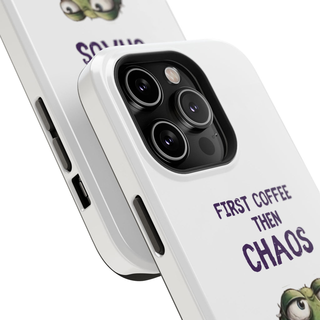 Impact-Resistant Phone Case — "First Coffee Then Chaos" Cute Lizard Coffee Design