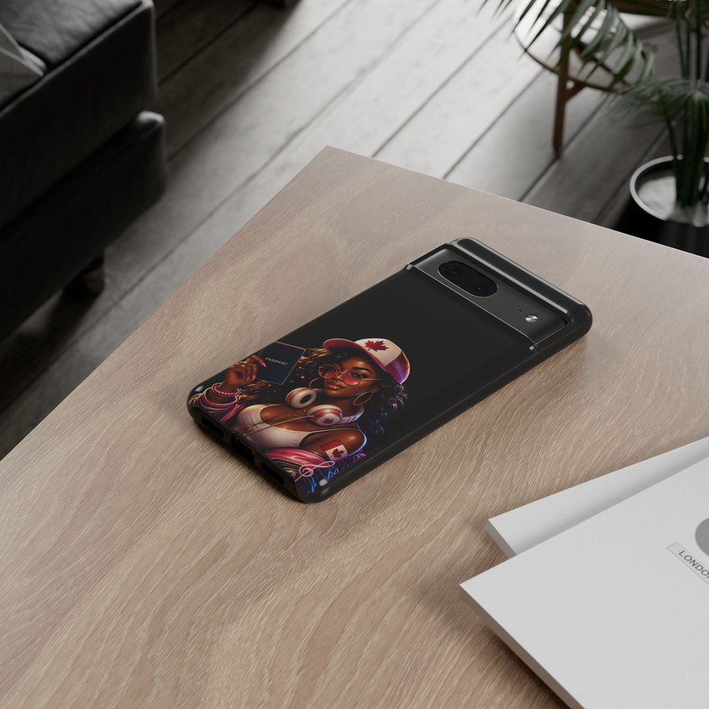 Canadian Vibes Phone Case — Afrobeat Girl with Headphones & Passport Design