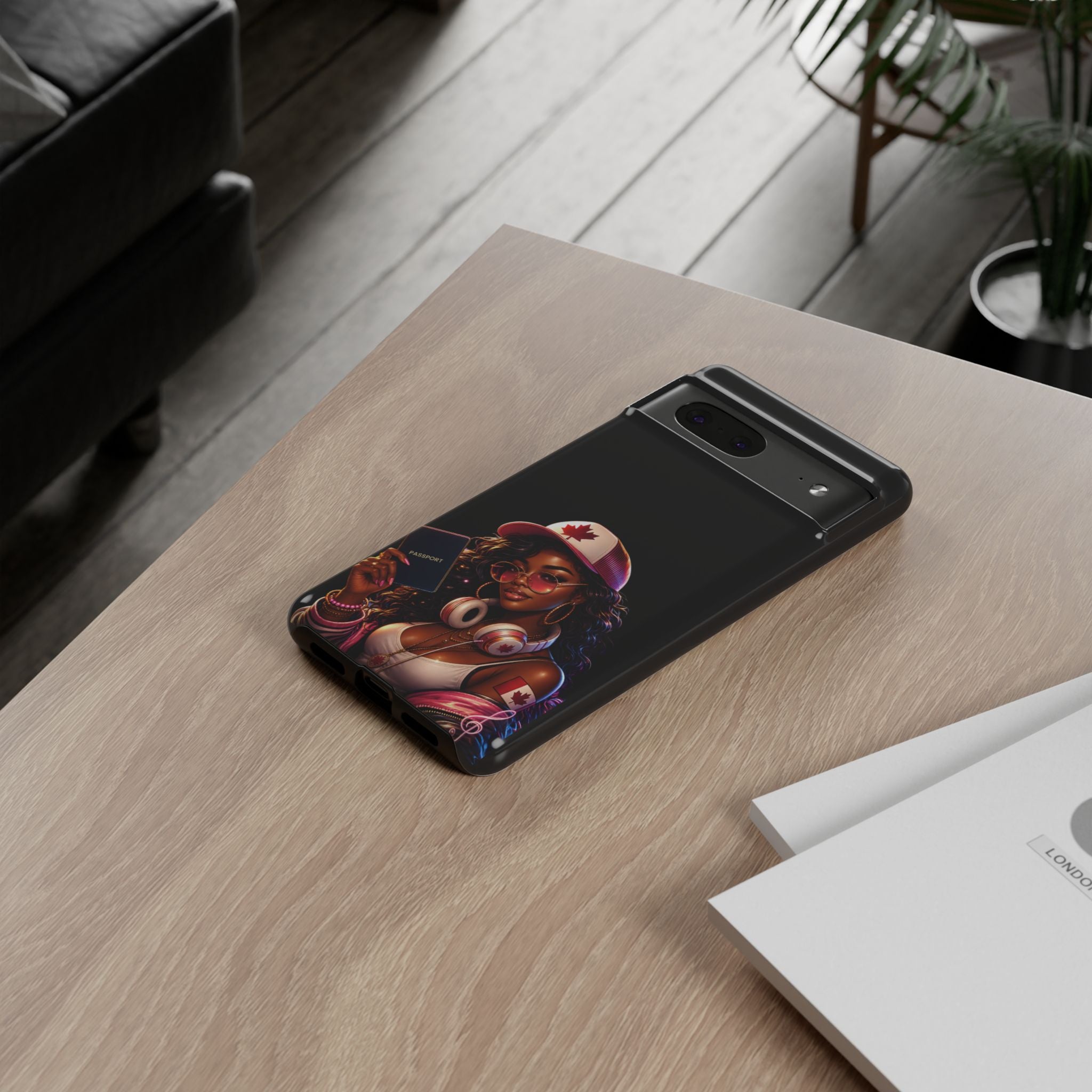 Canadian Vibes Phone Case — Afrobeat Girl with Headphones & Passport Design