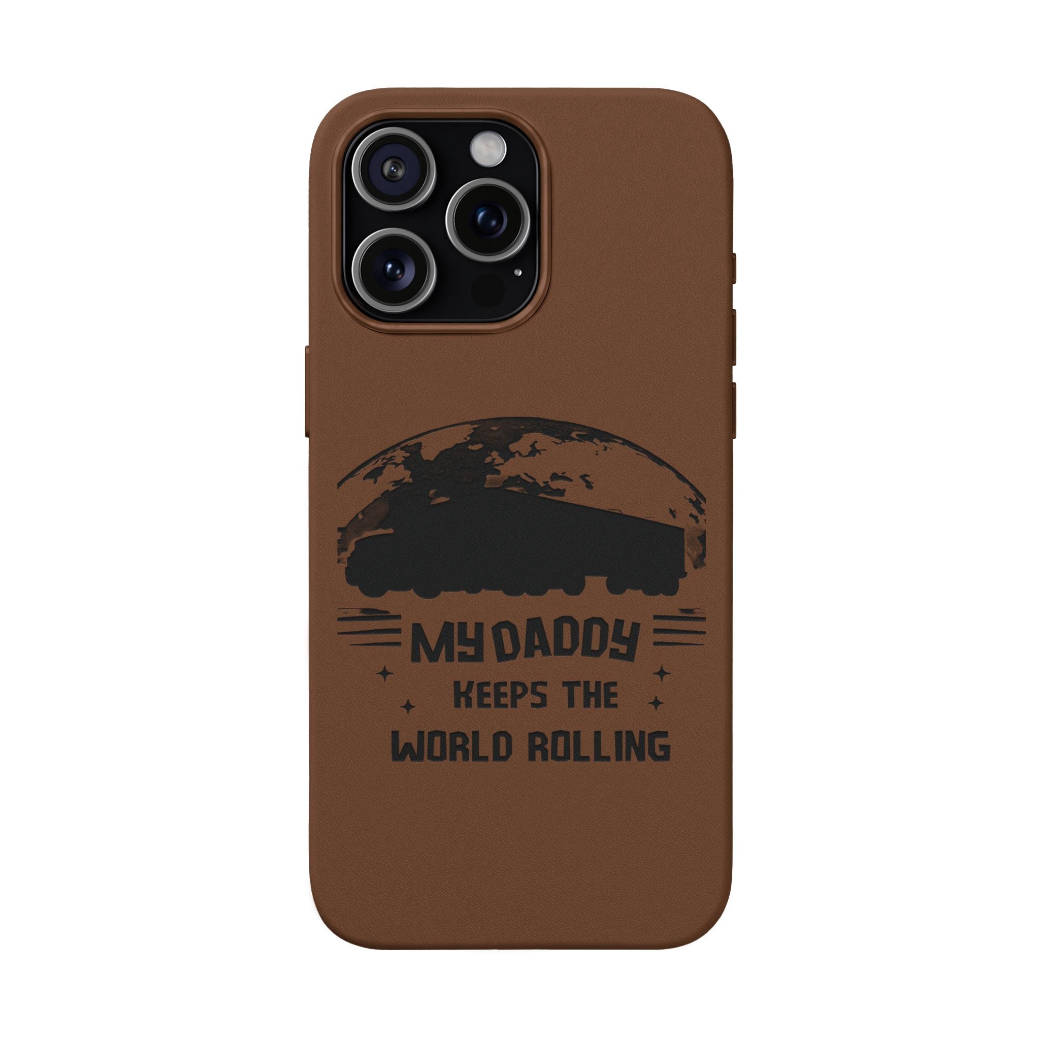 Engraved PU Leather Phone Case — 'Mhdaddy Keeps the World Rolling' Vintage Van Design