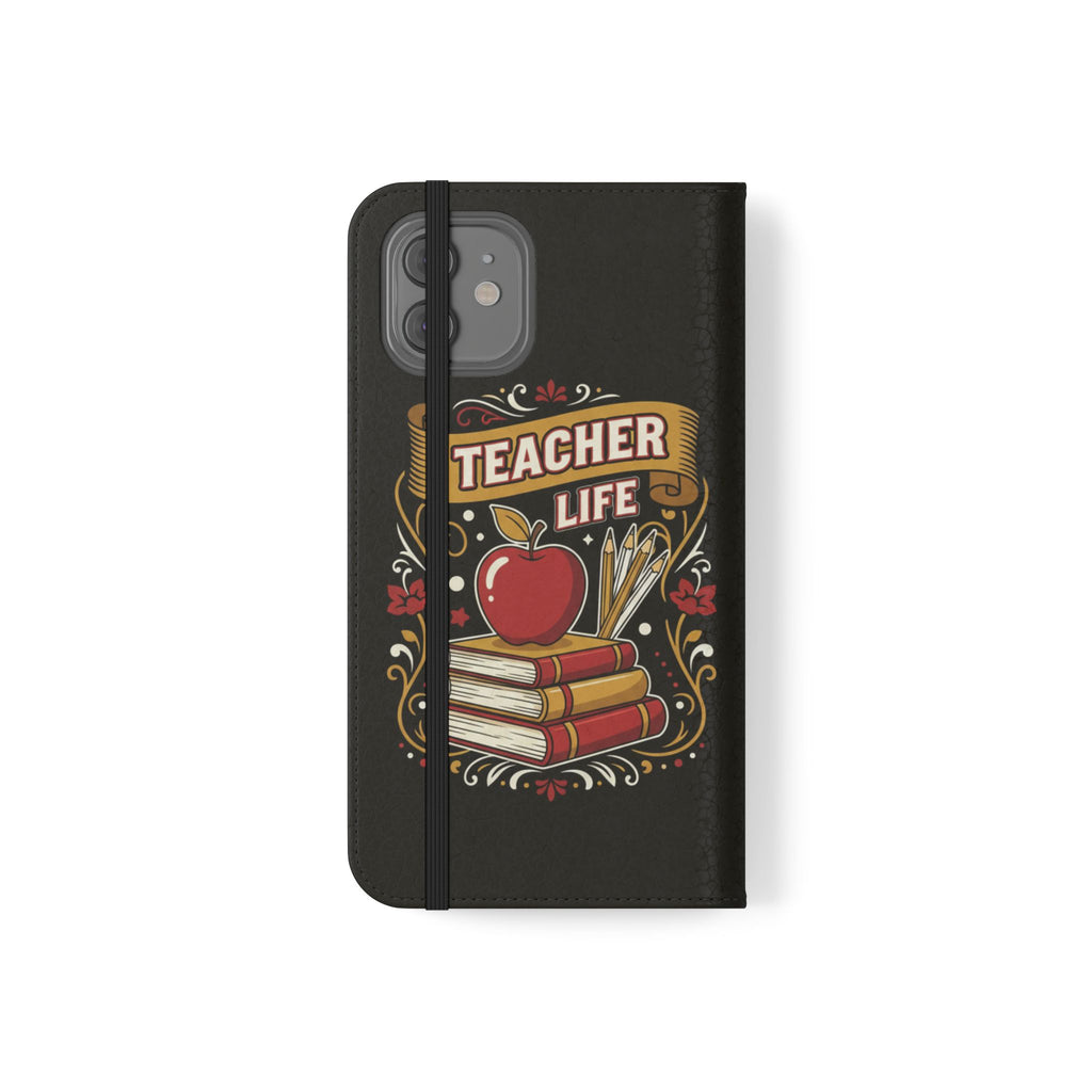 Teacher Life Flip Phone Case – Wallet Folio with Apple & Books Design