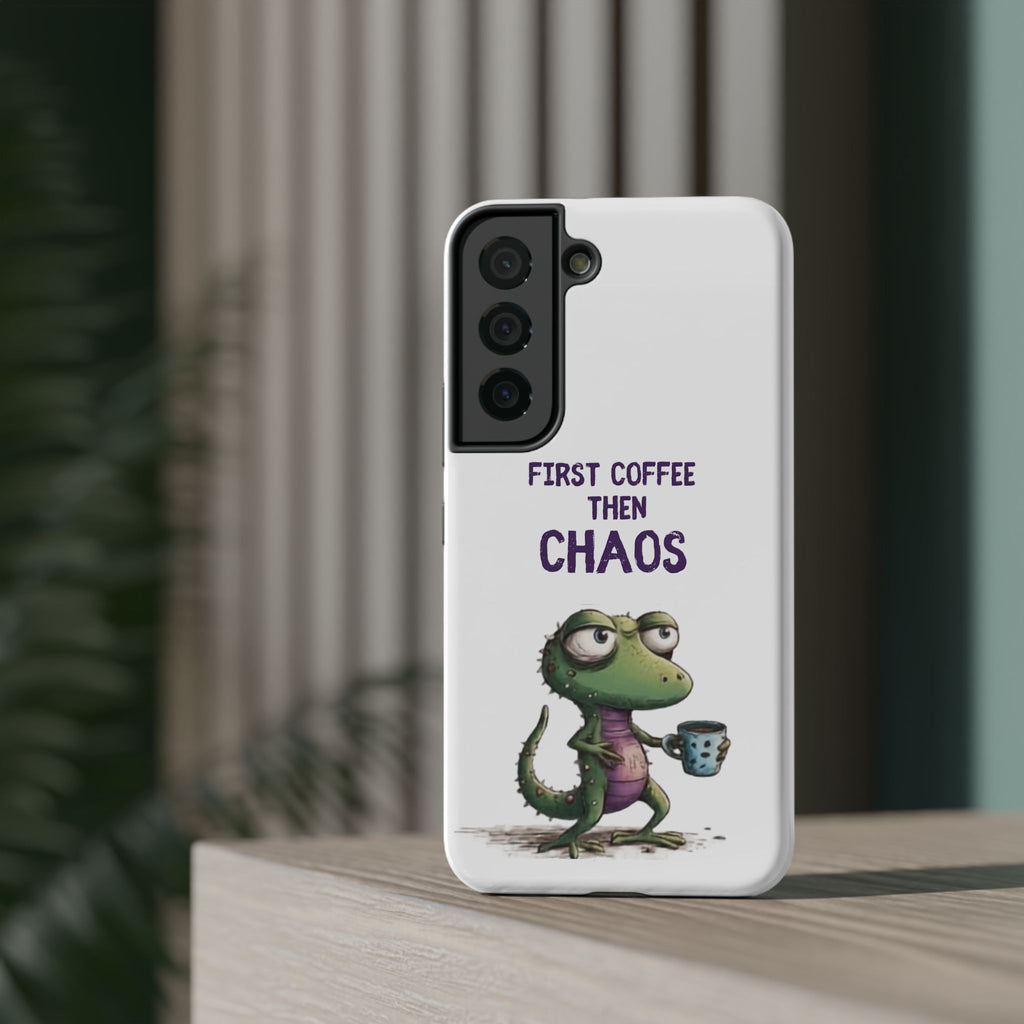 Impact-Resistant Phone Case — "First Coffee Then Chaos" Cute Lizard Coffee Design