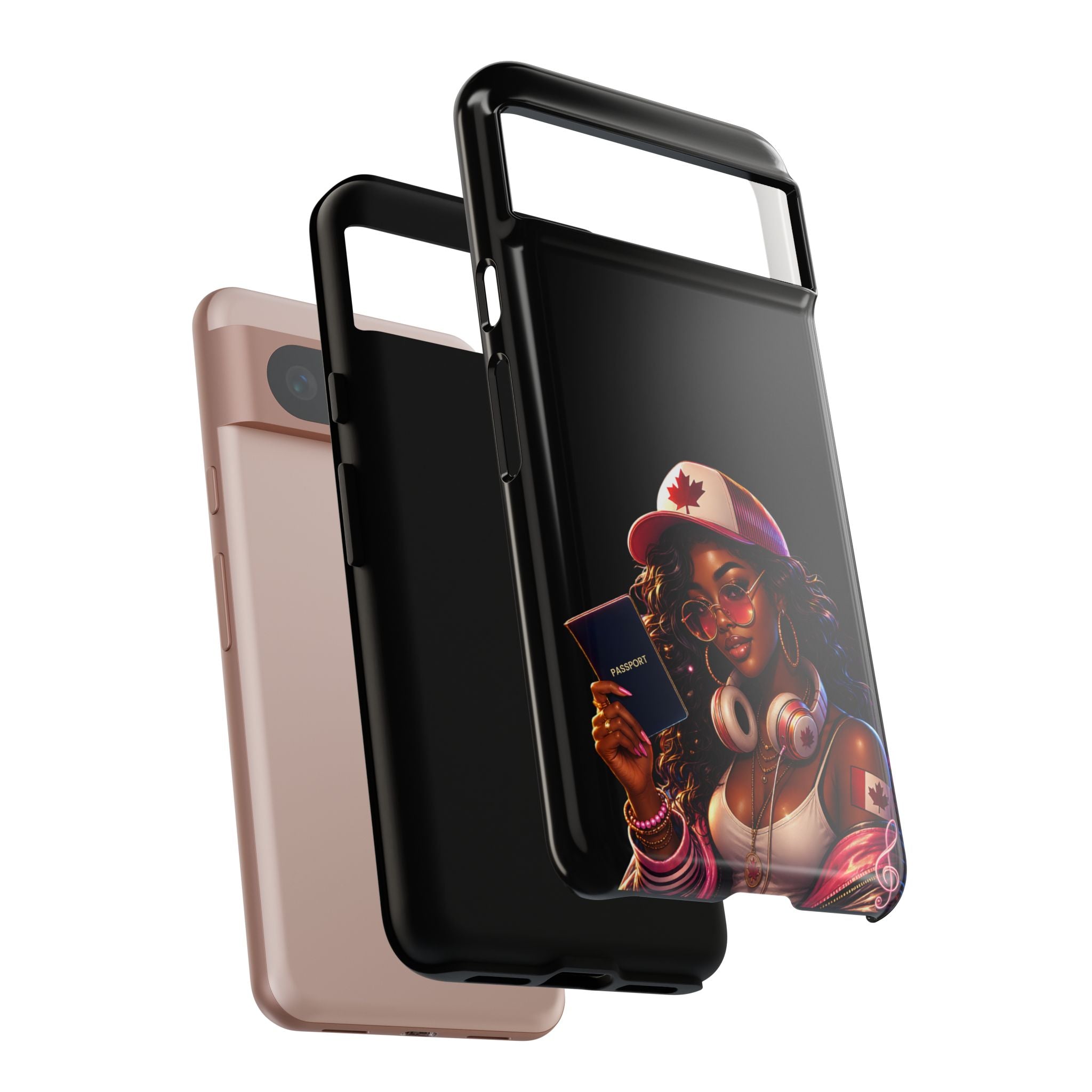 Canadian Vibes Phone Case — Afrobeat Girl with Headphones & Passport Design