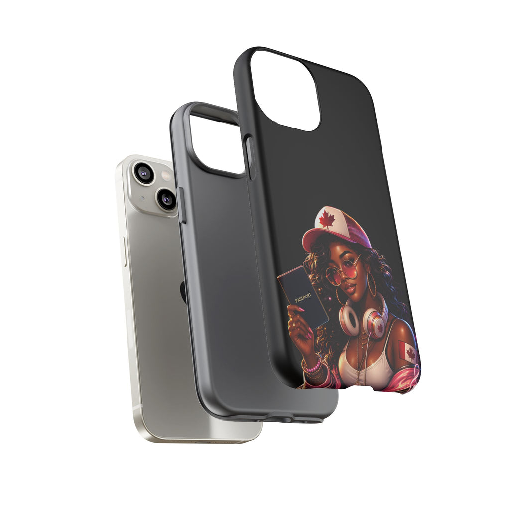 Canadian Vibes Phone Case — Afrobeat Girl with Headphones & Passport Design