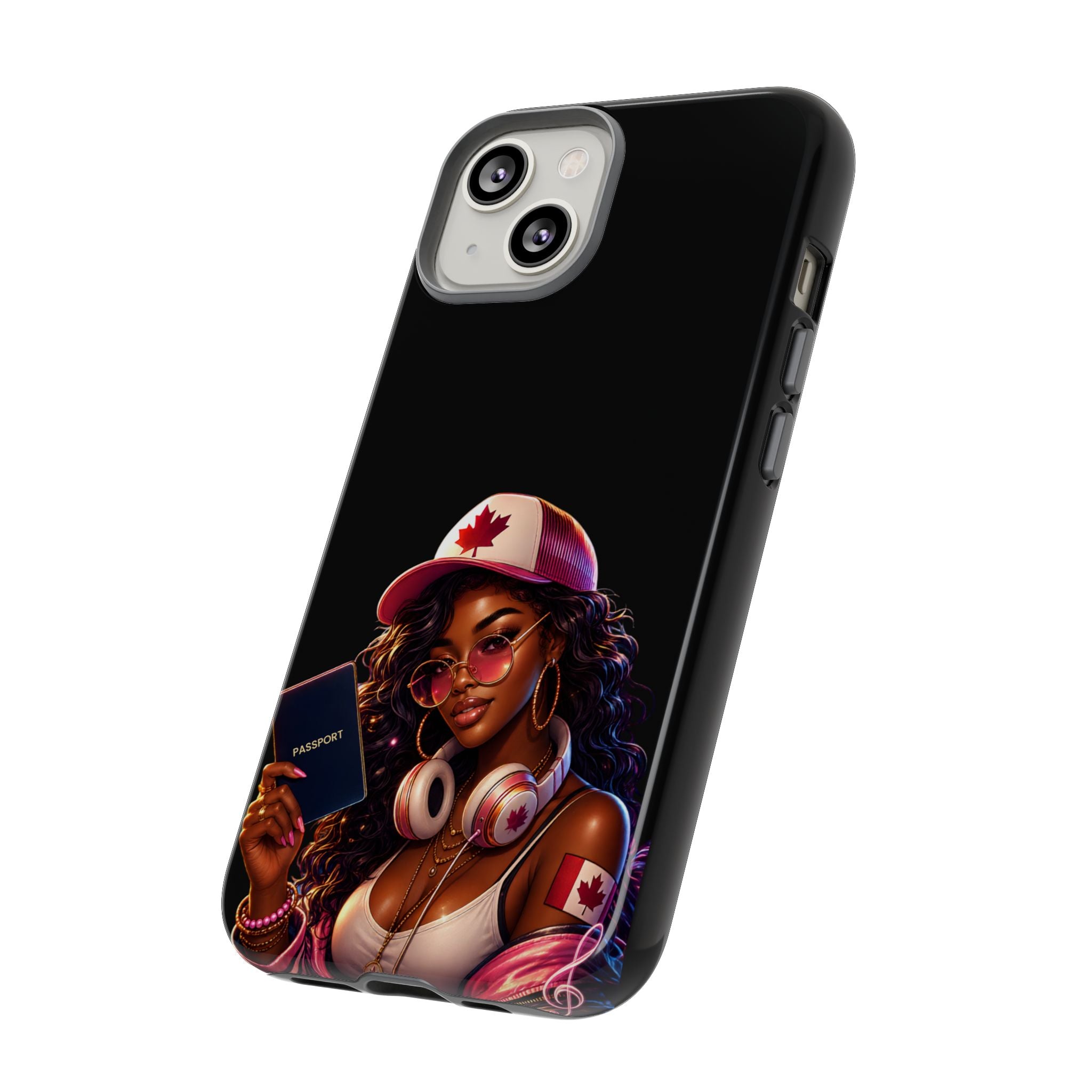 Canadian Vibes Phone Case — Afrobeat Girl with Headphones & Passport Design
