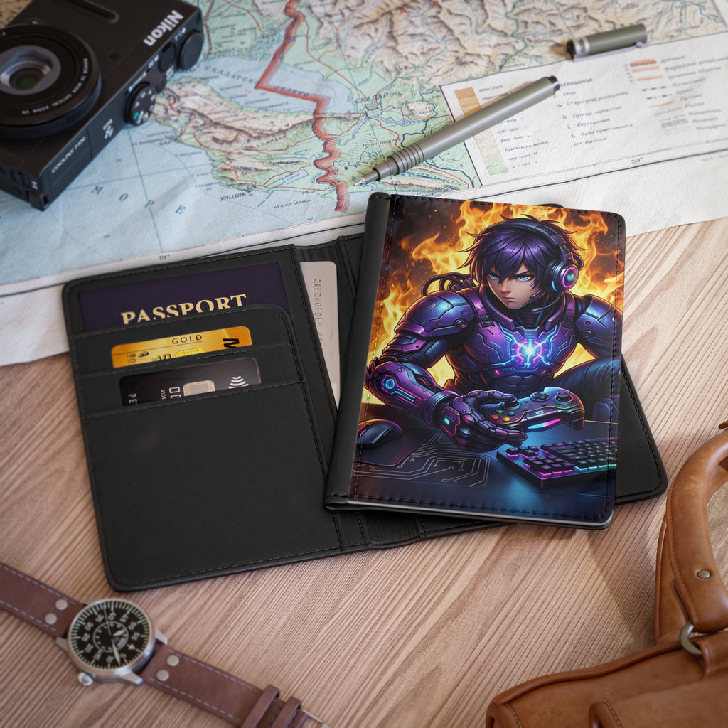Gamer Knight Passport Cover — Neon Cyber Armor Travel Wallet