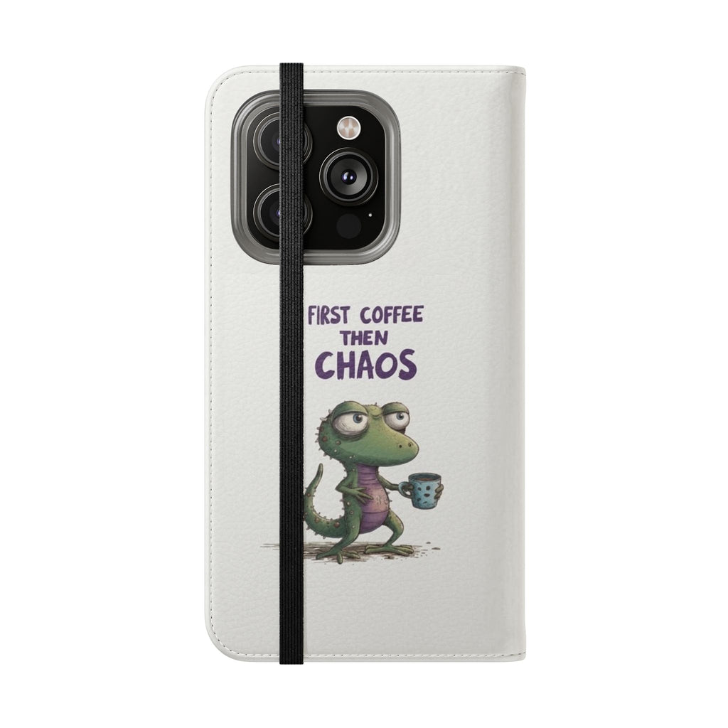 Flip Case — "First Coffee Then Chaos" Cute Dino Phone Wallet