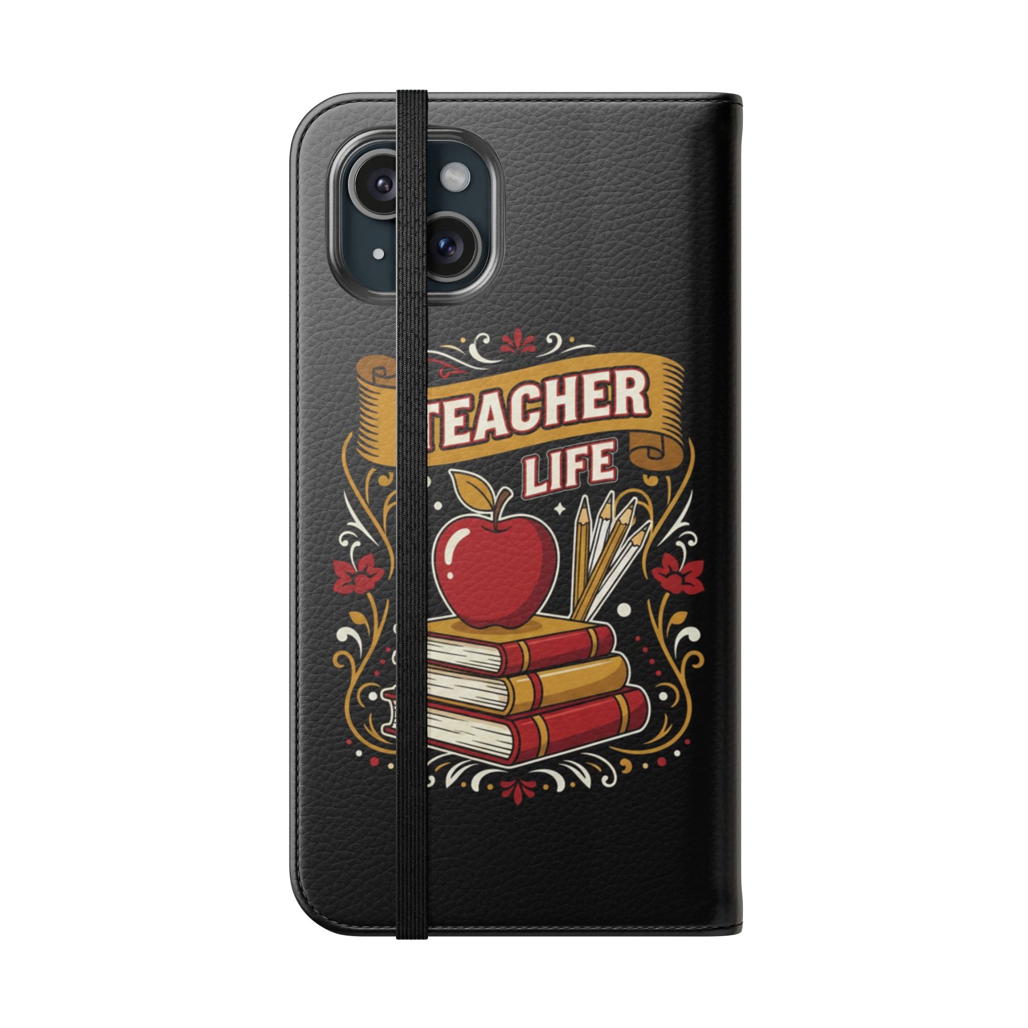 Teacher Life Flip Phone Case – Wallet Folio with Apple & Books Design