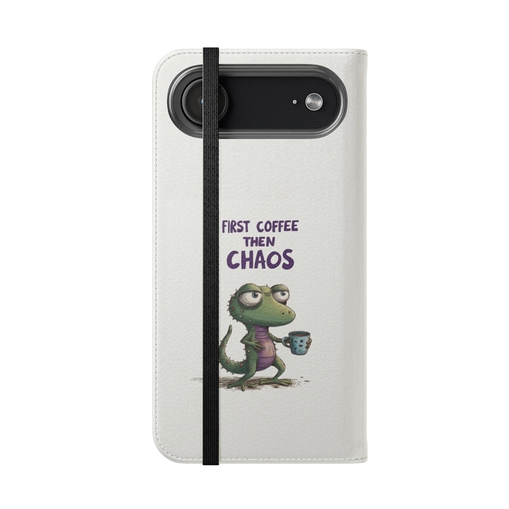 Flip Case — "First Coffee Then Chaos" Cute Dino Phone Wallet