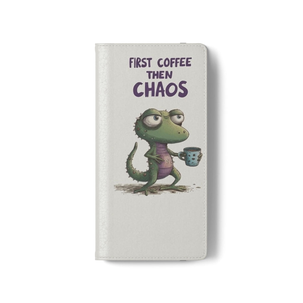 Flip Case — "First Coffee Then Chaos" Cute Dino Phone Wallet