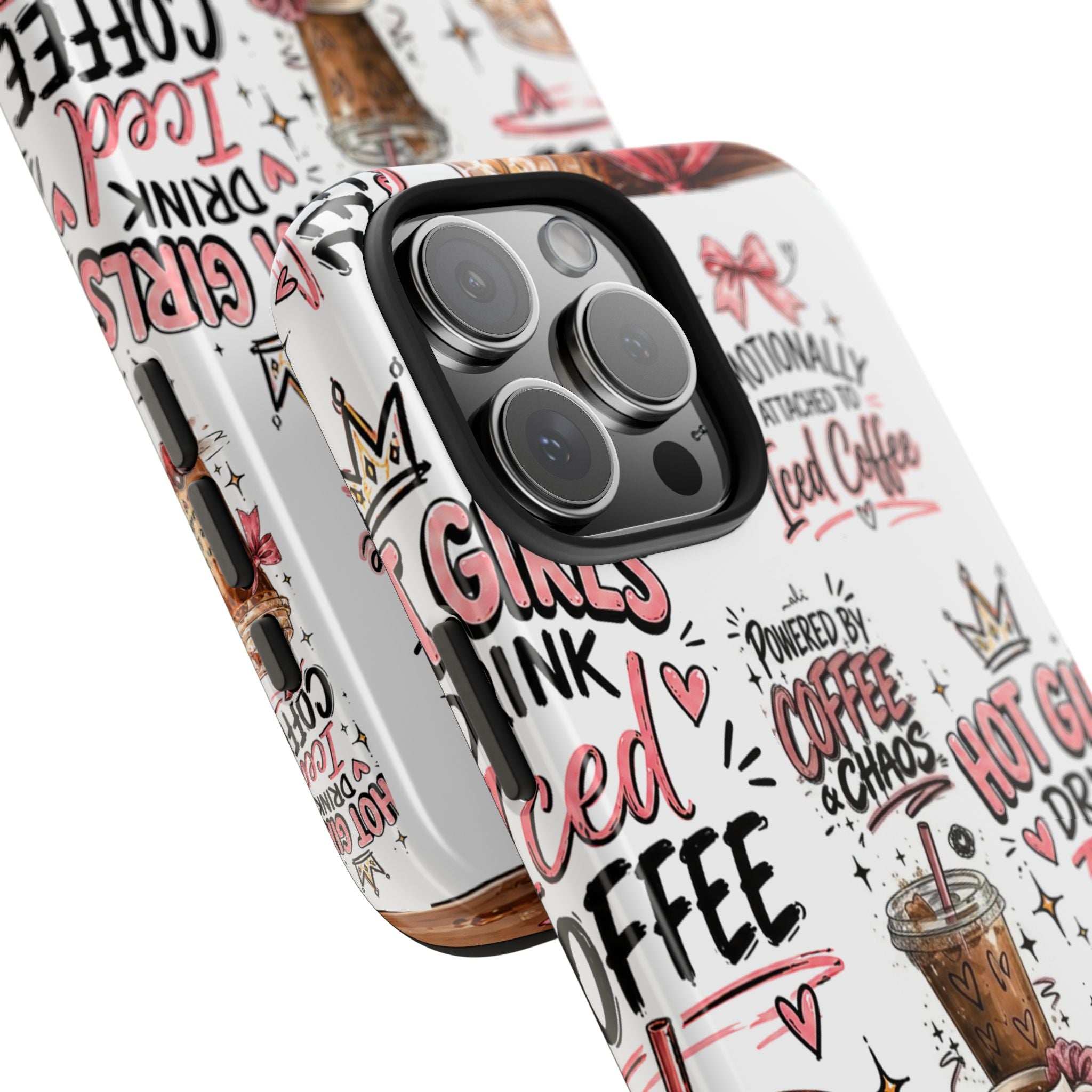 Iced Coffee Pattern Phone Case – "Powered by Coffee & Chaos" Tough Protective Case
