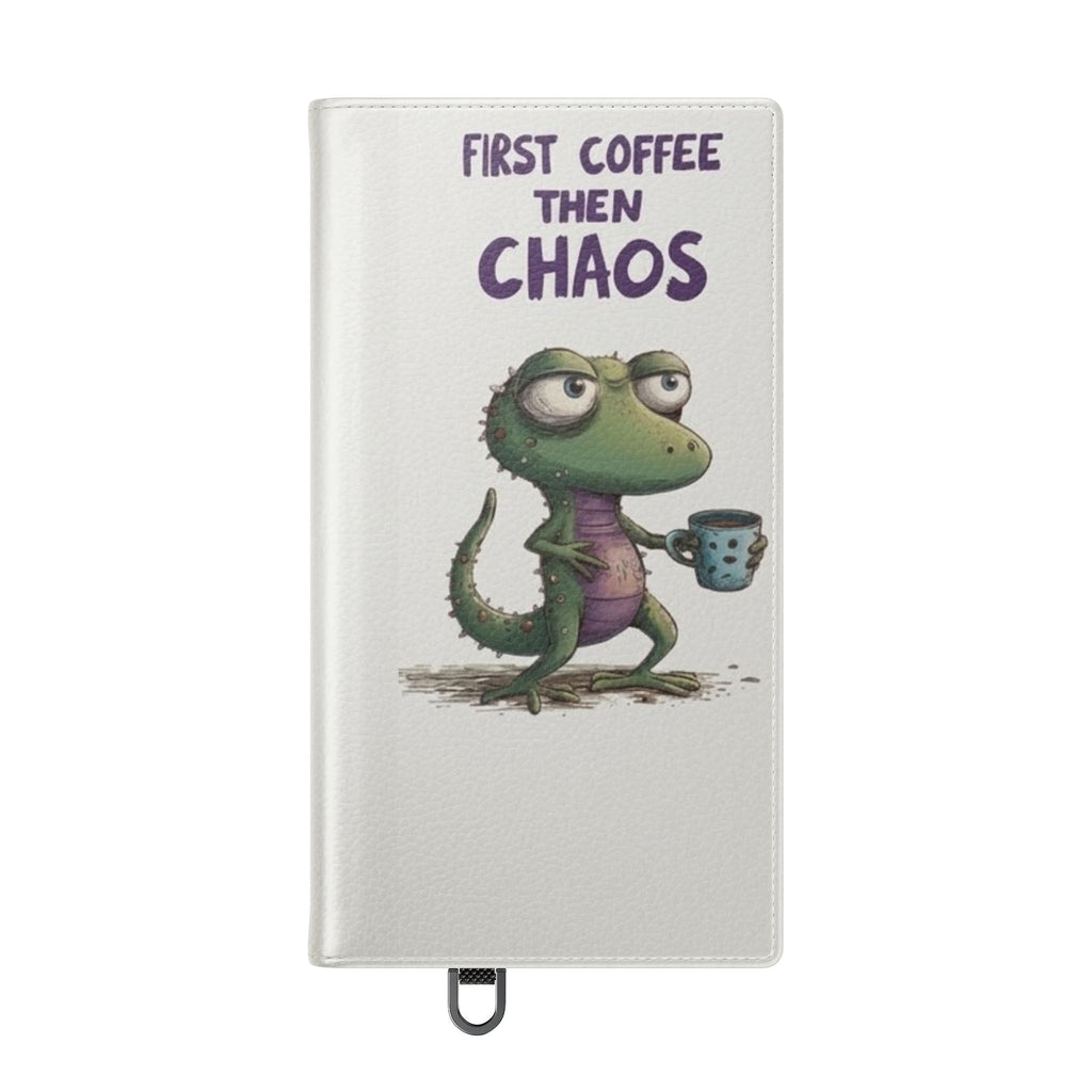 Flip Case — "First Coffee Then Chaos" Cute Dino Phone Wallet