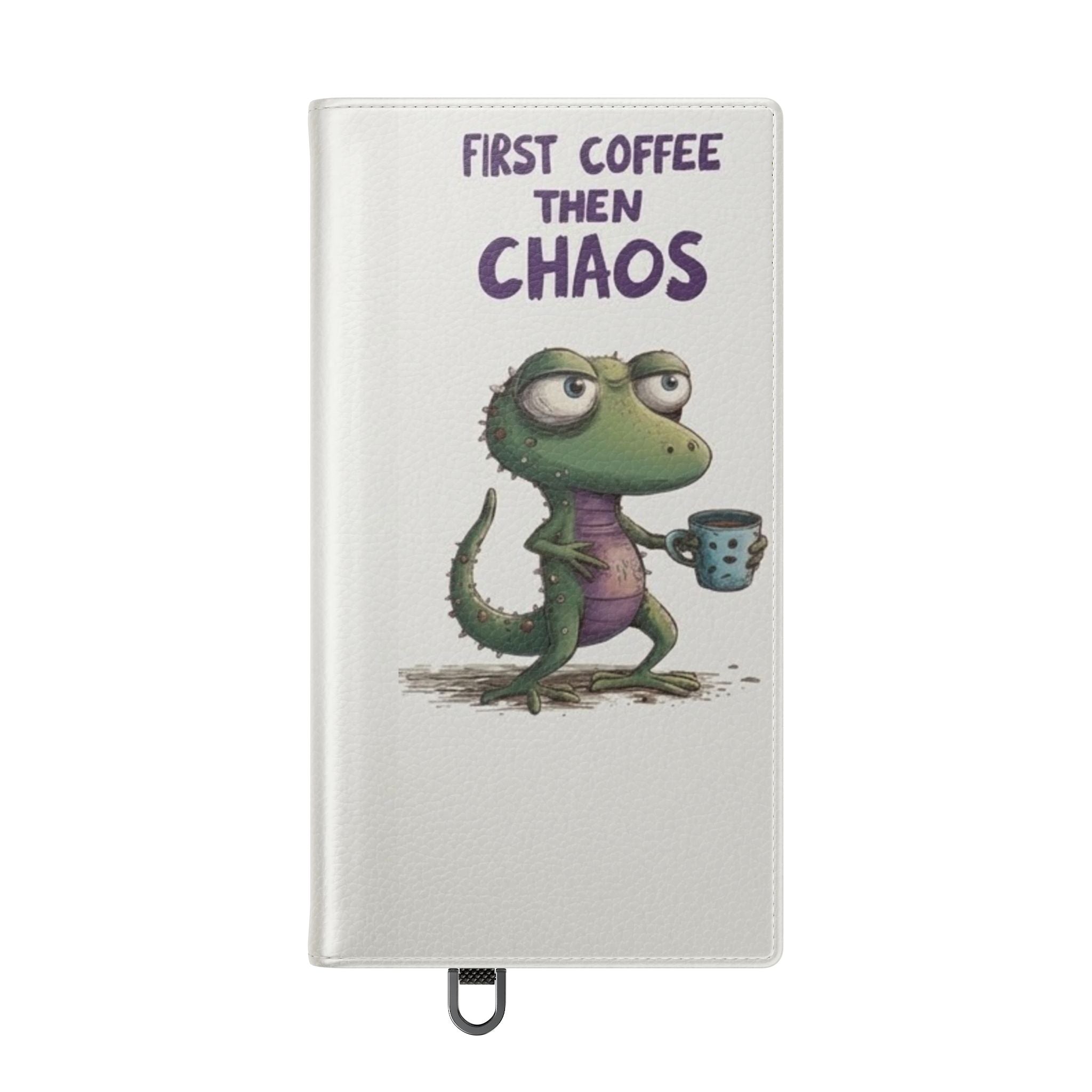 Flip Case — "First Coffee Then Chaos" Cute Dino Phone Wallet