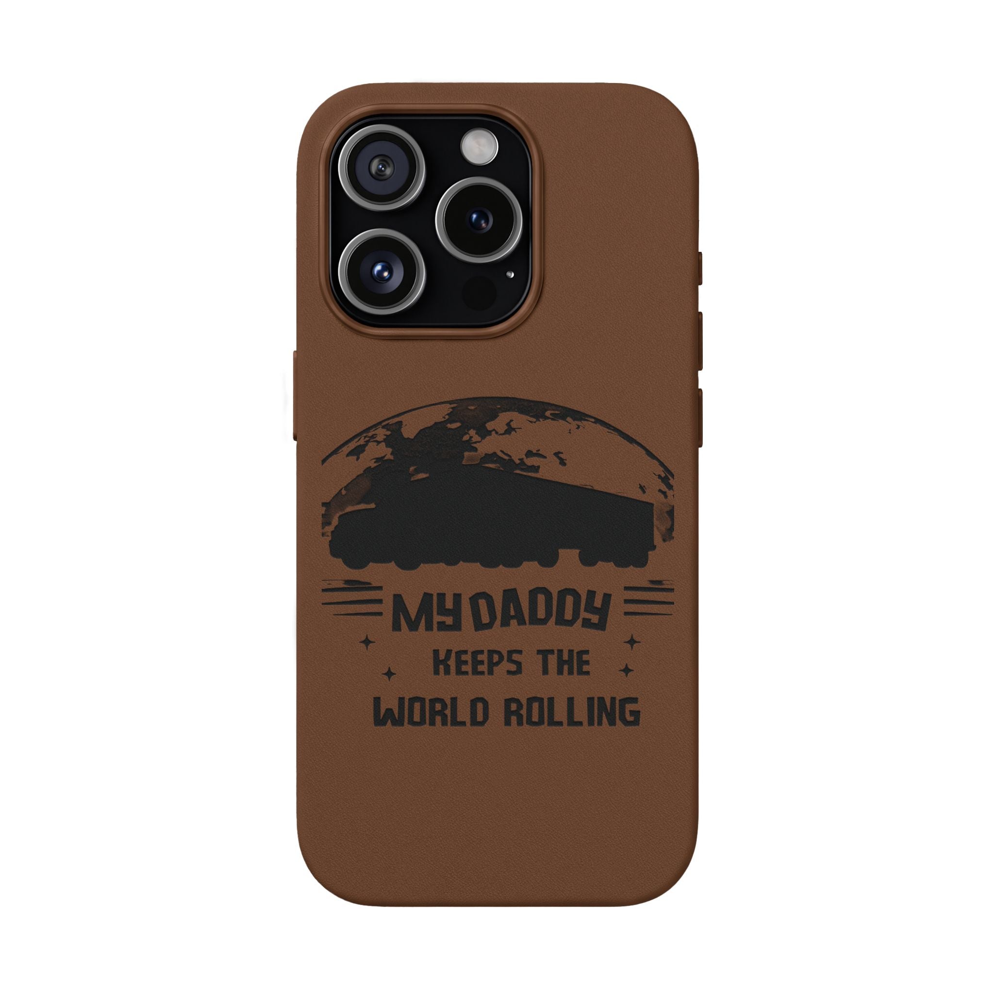 Engraved PU Leather Phone Case — 'Mhdaddy Keeps the World Rolling' Vintage Van Design