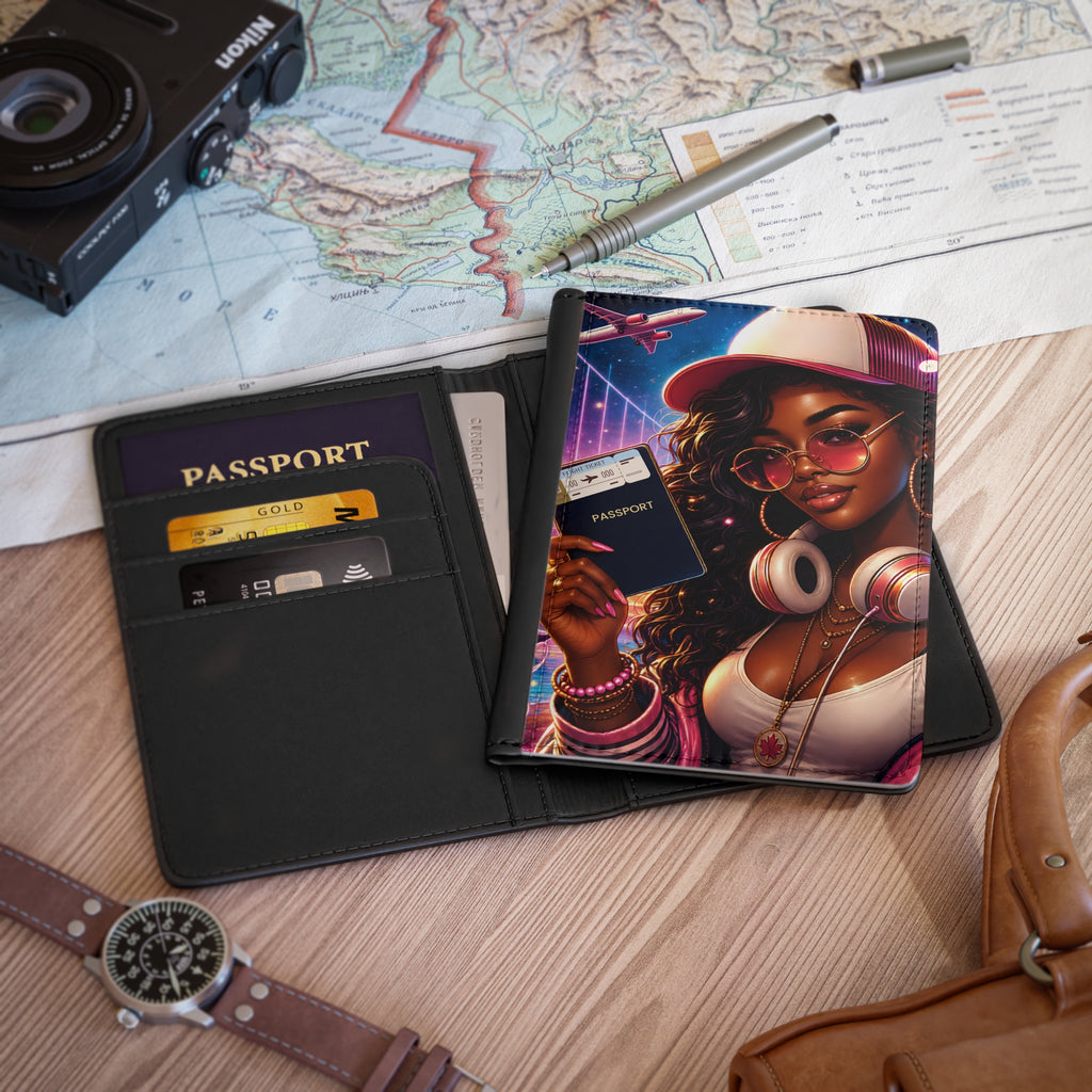 Stylish Traveler Passport Cover — Afrocentric Jetsetter Design with Headphones & Plane