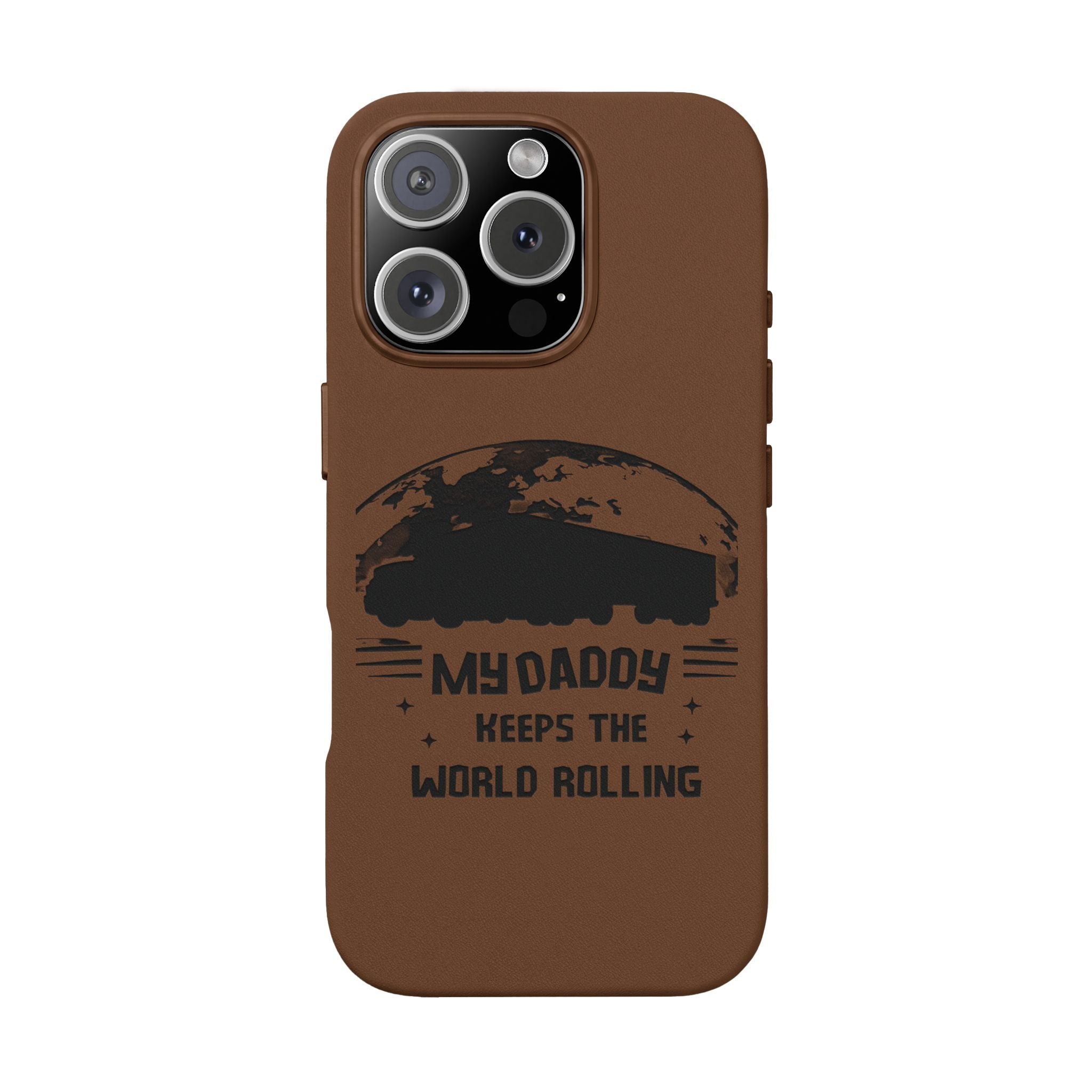 Engraved PU Leather Phone Case — 'Mhdaddy Keeps the World Rolling' Vintage Van Design