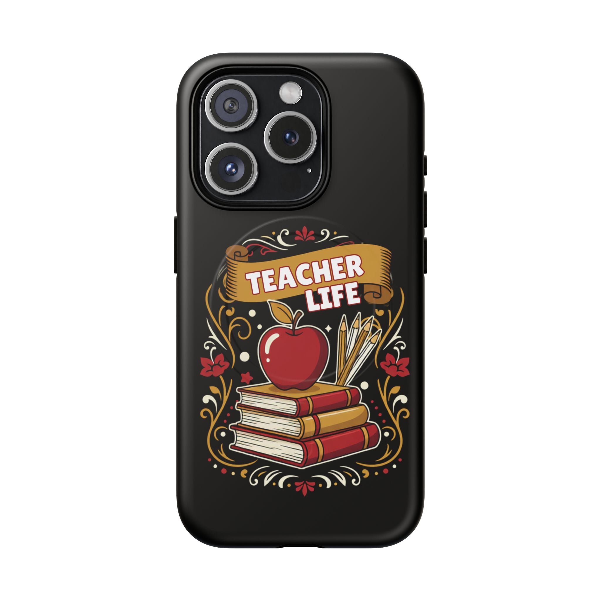 Teacher Life Phone Case - Tough Magnetic Protective Cover with Apple & Books Design