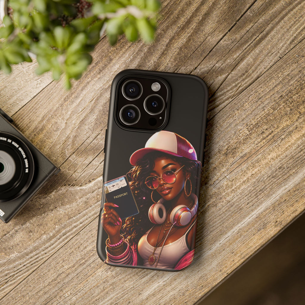 Tough Case – Stylized Urban Girl Phone Case with Headphones & Passport