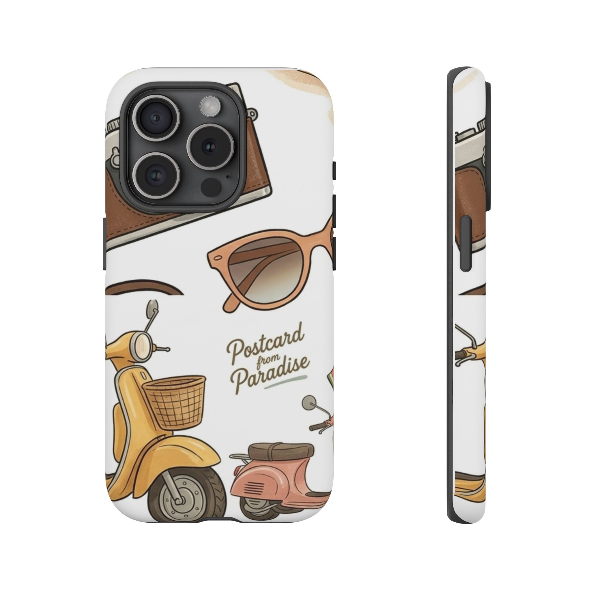 Vintage Summer Beach Phone Case — Feminine Travel Pattern with Cameras, Sunglasses & Scooter