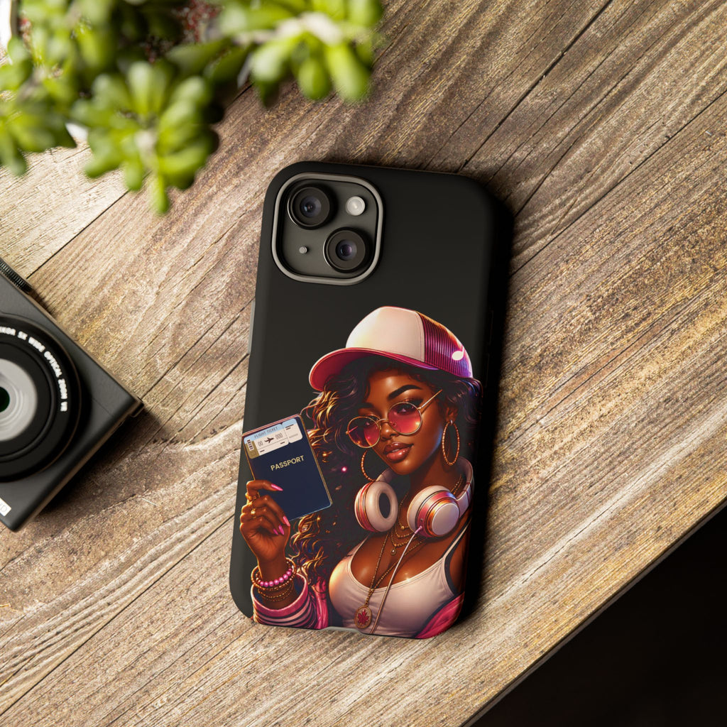 Tough Case – Stylized Urban Girl Phone Case with Headphones & Passport