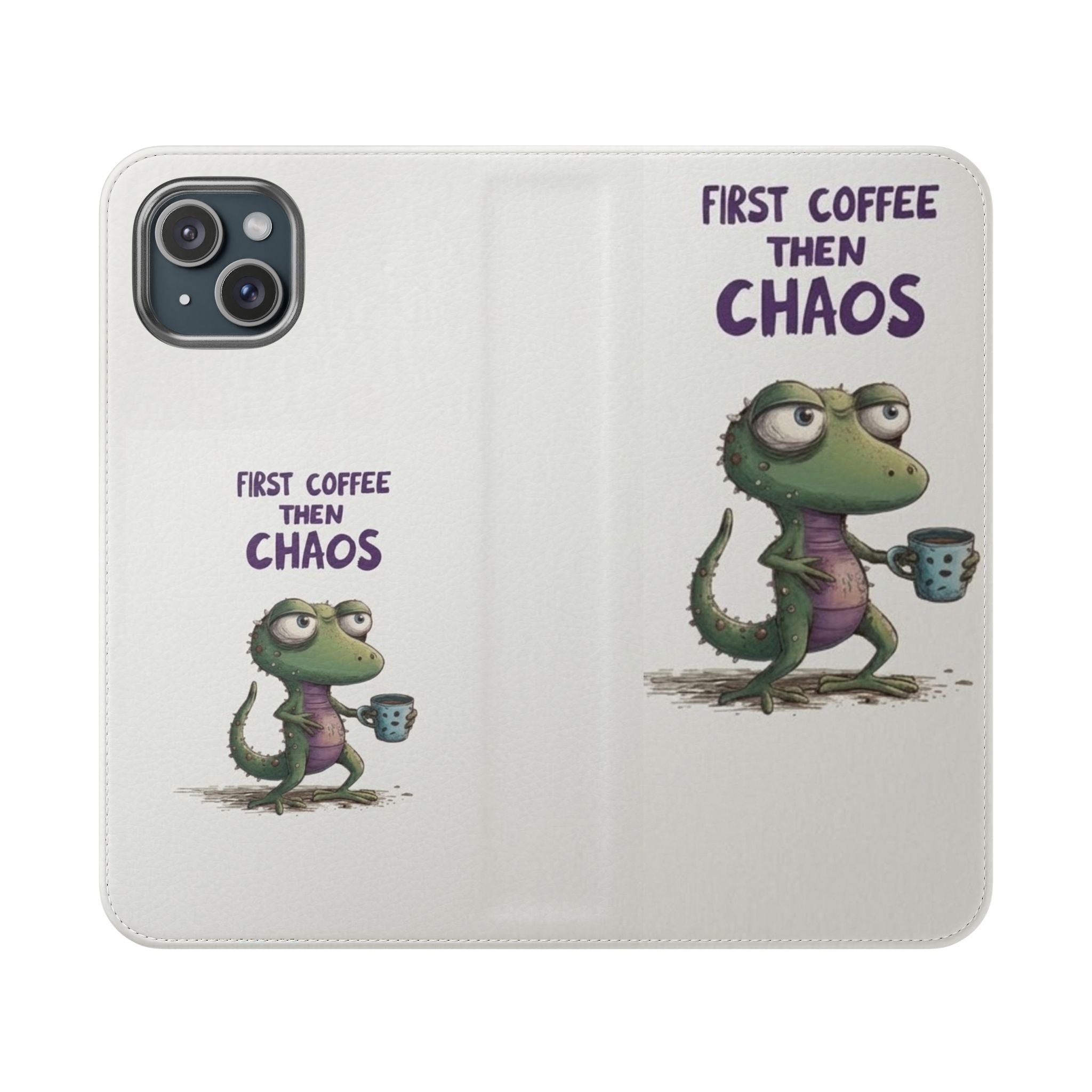 Flip Case — "First Coffee Then Chaos" Cute Dino Phone Wallet