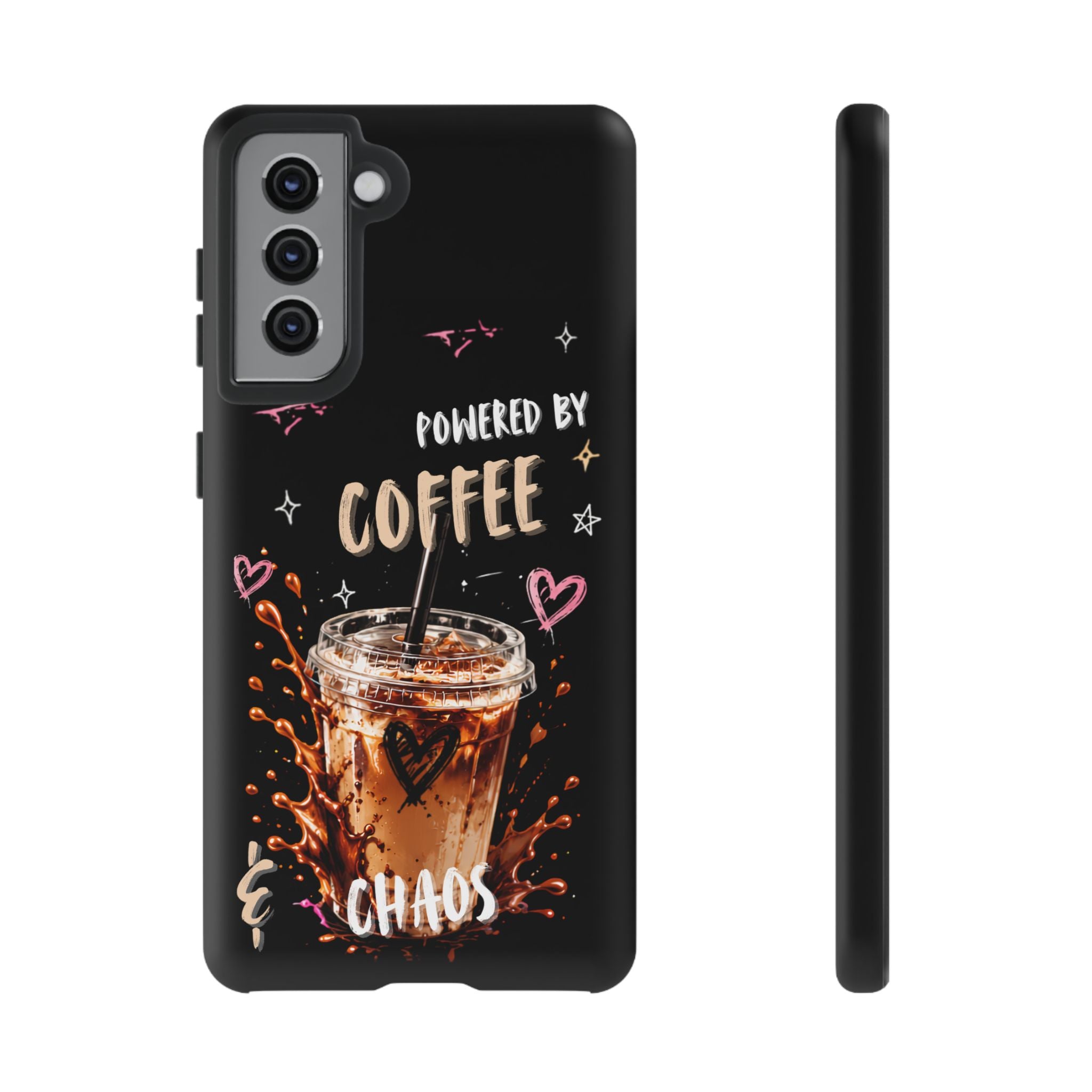 Phone Case — "Powered by Coffee & Chaos" Iced Coffee Protective Cover
