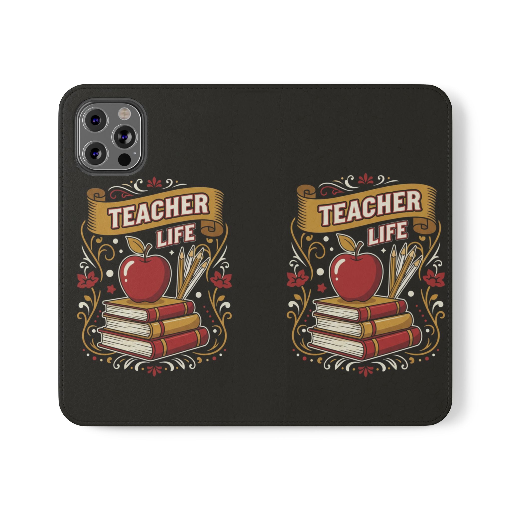 Teacher Life Flip Phone Case – Wallet Folio with Apple & Books Design