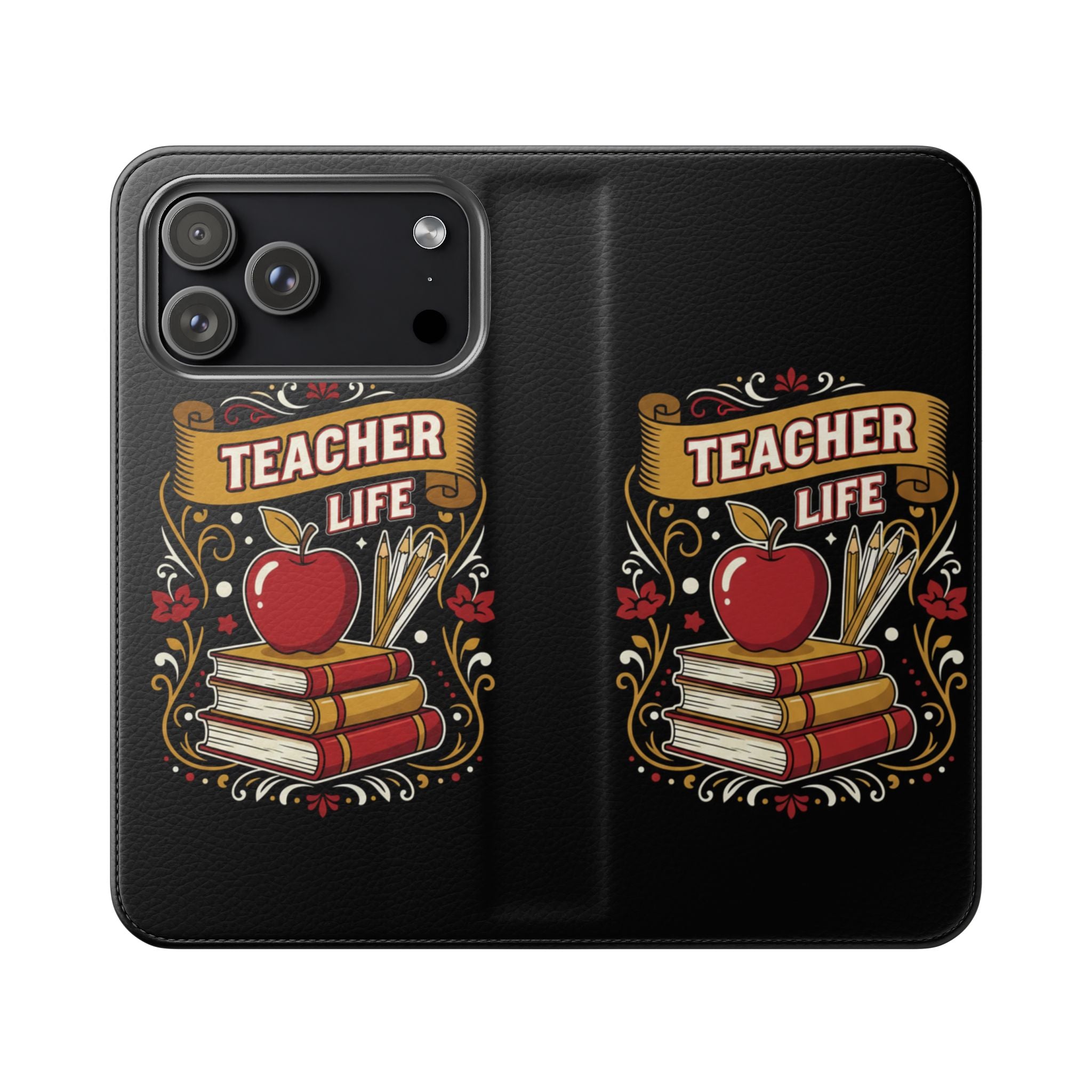 Teacher Life Flip Phone Case – Wallet Folio with Apple & Books Design