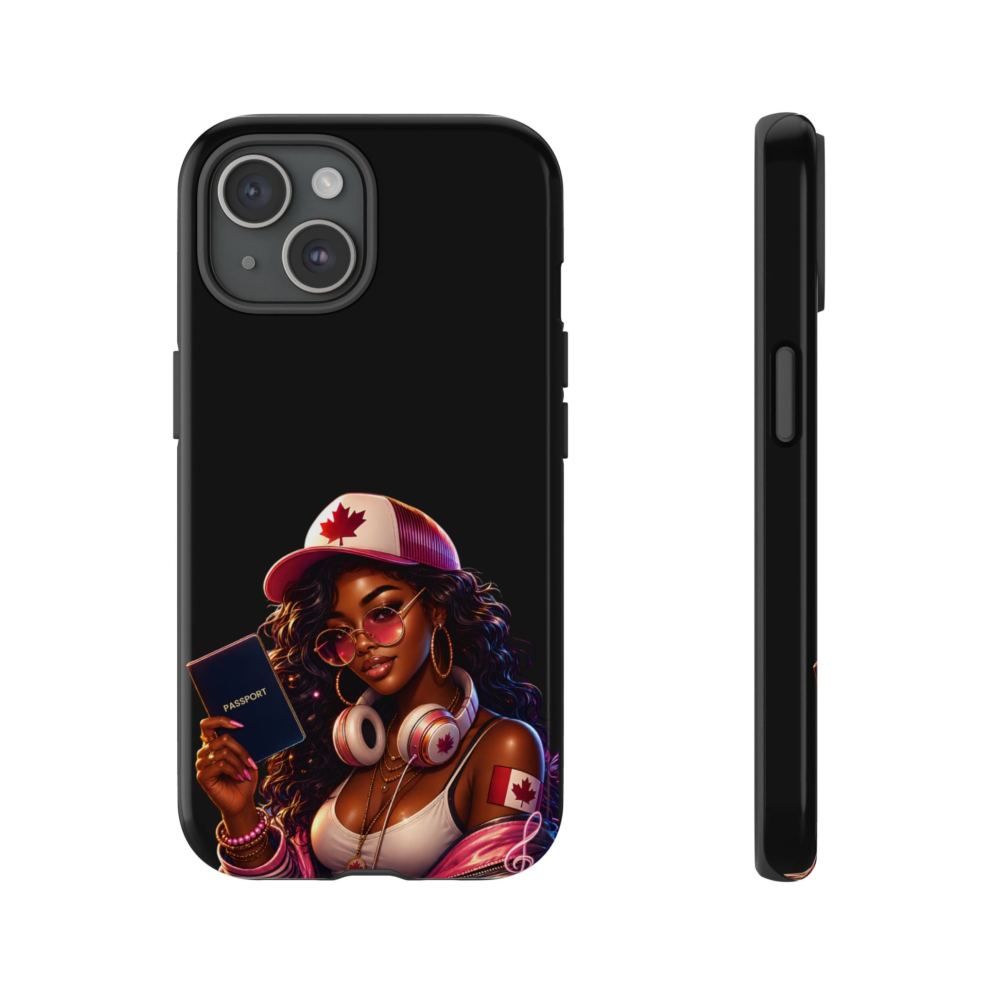 Canadian Vibes Phone Case — Afrobeat Girl with Headphones & Passport Design