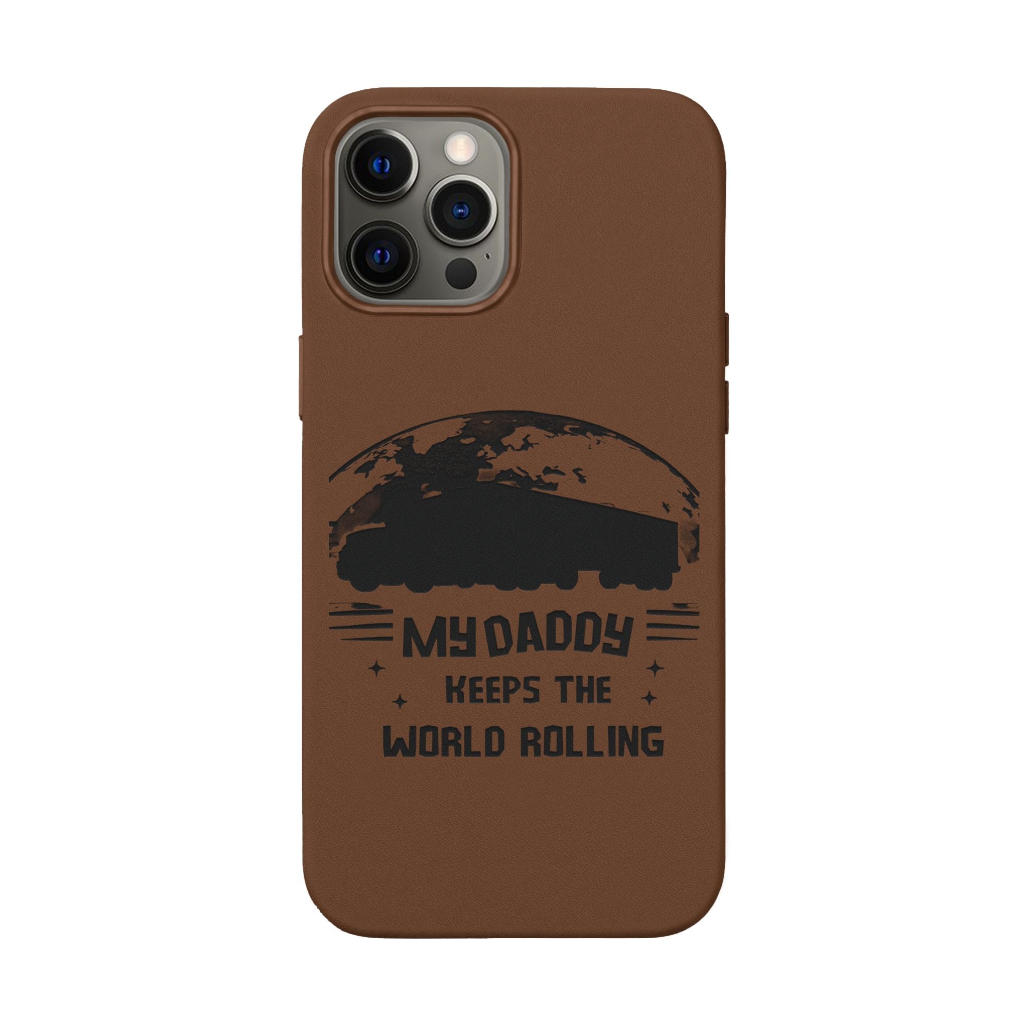 Engraved PU Leather Phone Case — 'Mhdaddy Keeps the World Rolling' Vintage Van Design