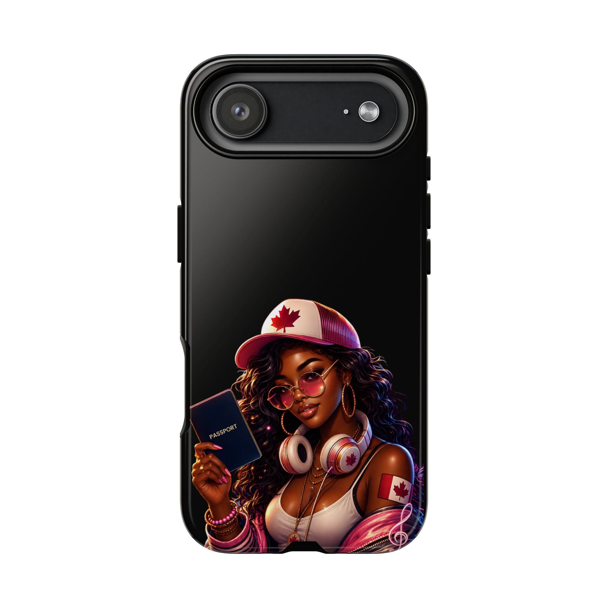 Canadian Vibes Phone Case — Afrobeat Girl with Headphones & Passport Design