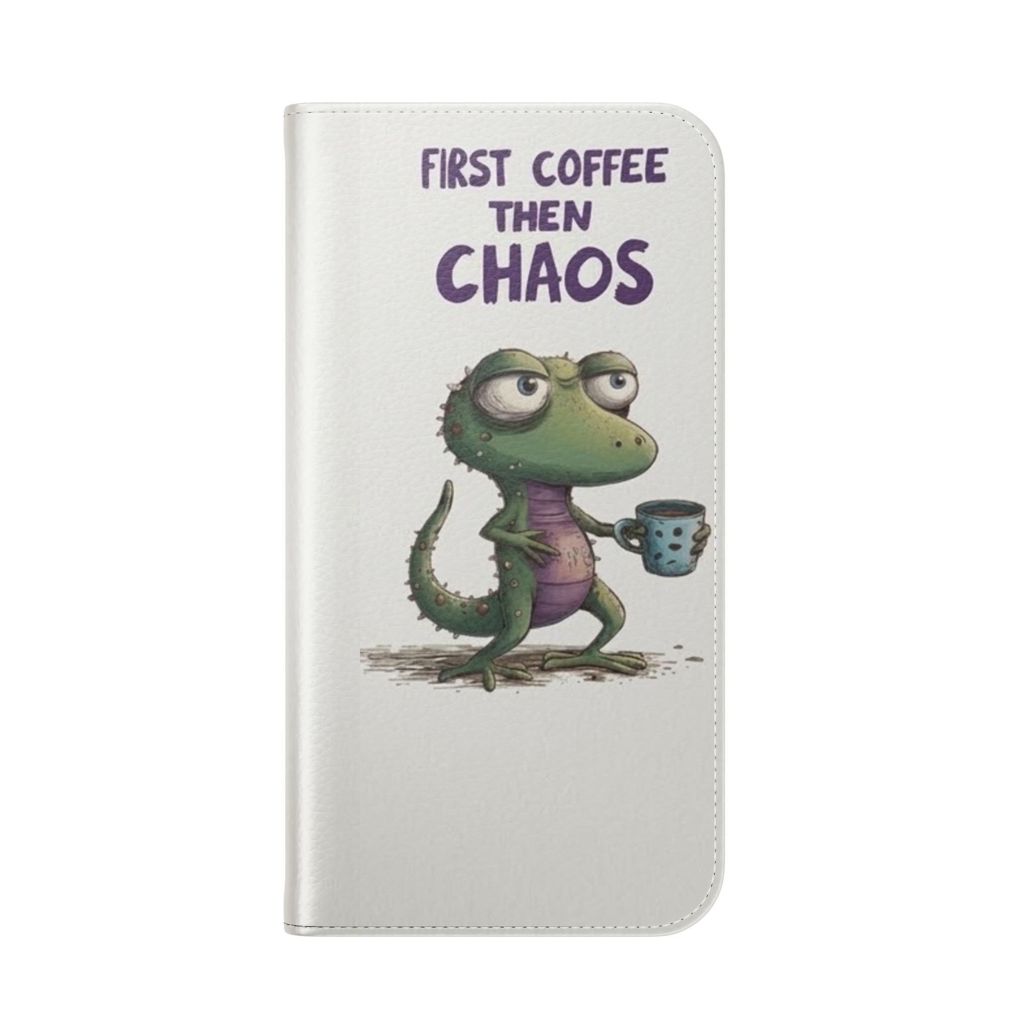 Flip Case — "First Coffee Then Chaos" Cute Dino Phone Wallet