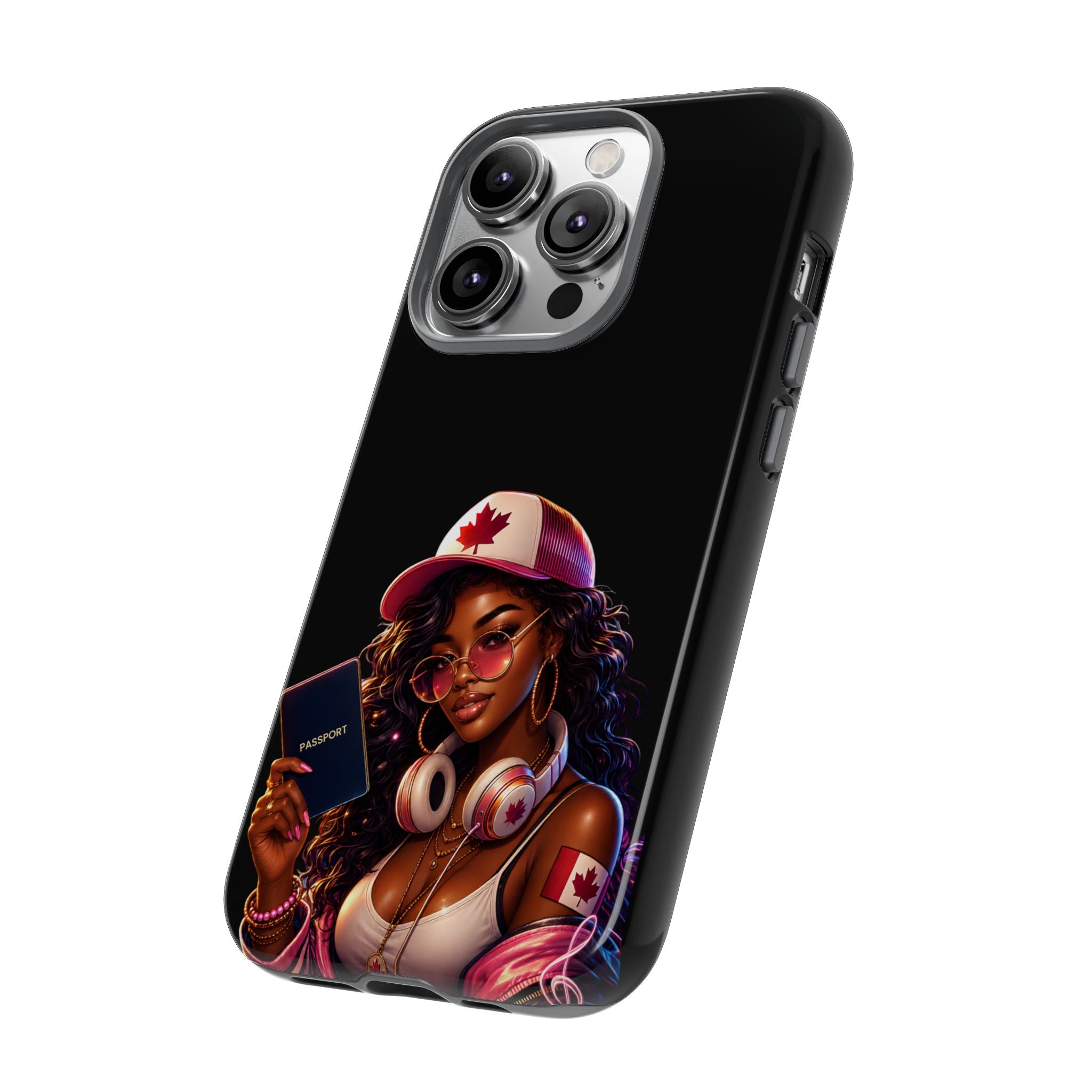 Canadian Vibes Phone Case — Afrobeat Girl with Headphones & Passport Design