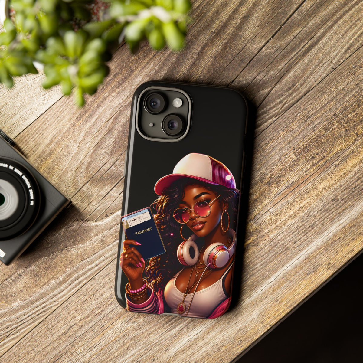Tough Case – Stylized Urban Girl Phone Case with Headphones & Passport
