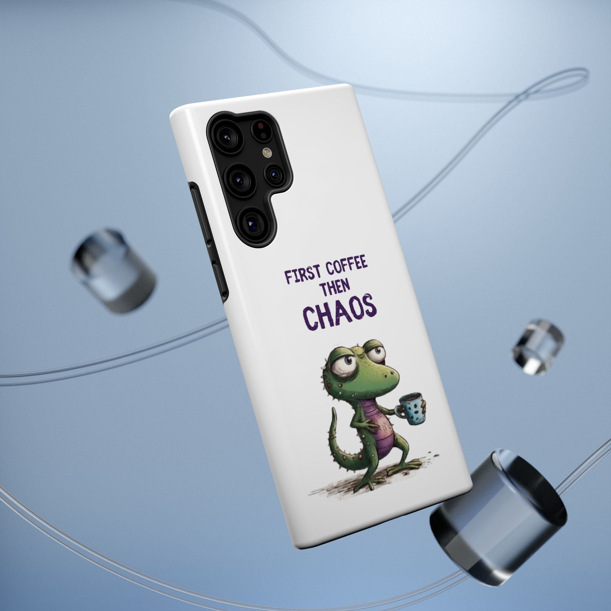 Impact-Resistant Phone Case — "First Coffee Then Chaos" Cute Lizard Coffee Design