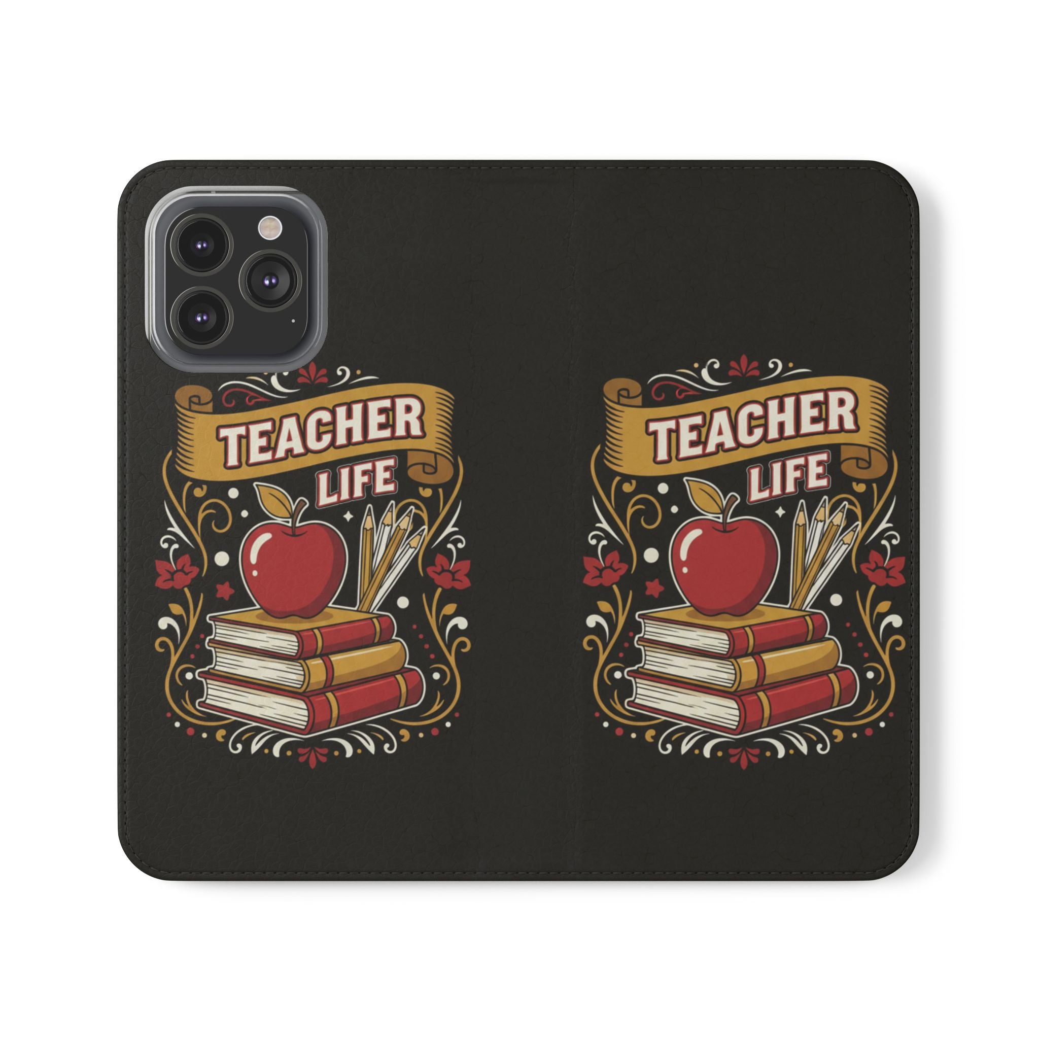 Teacher Life Flip Phone Case – Wallet Folio with Apple & Books Design
