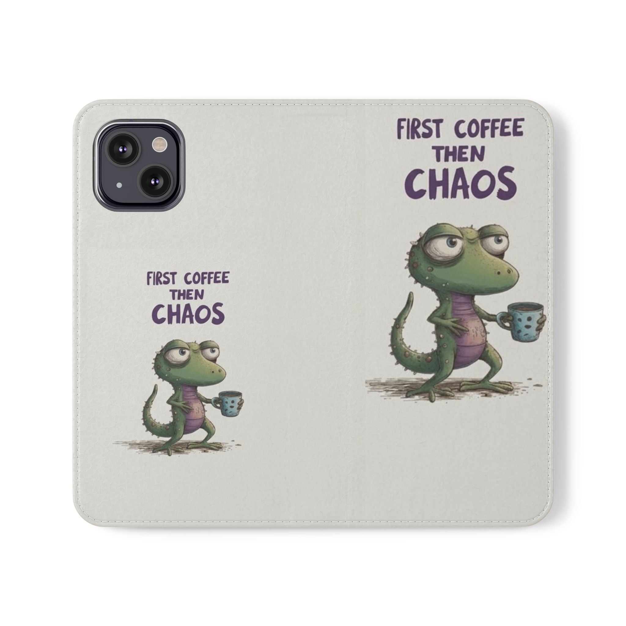 Flip Case — "First Coffee Then Chaos" Cute Dino Phone Wallet