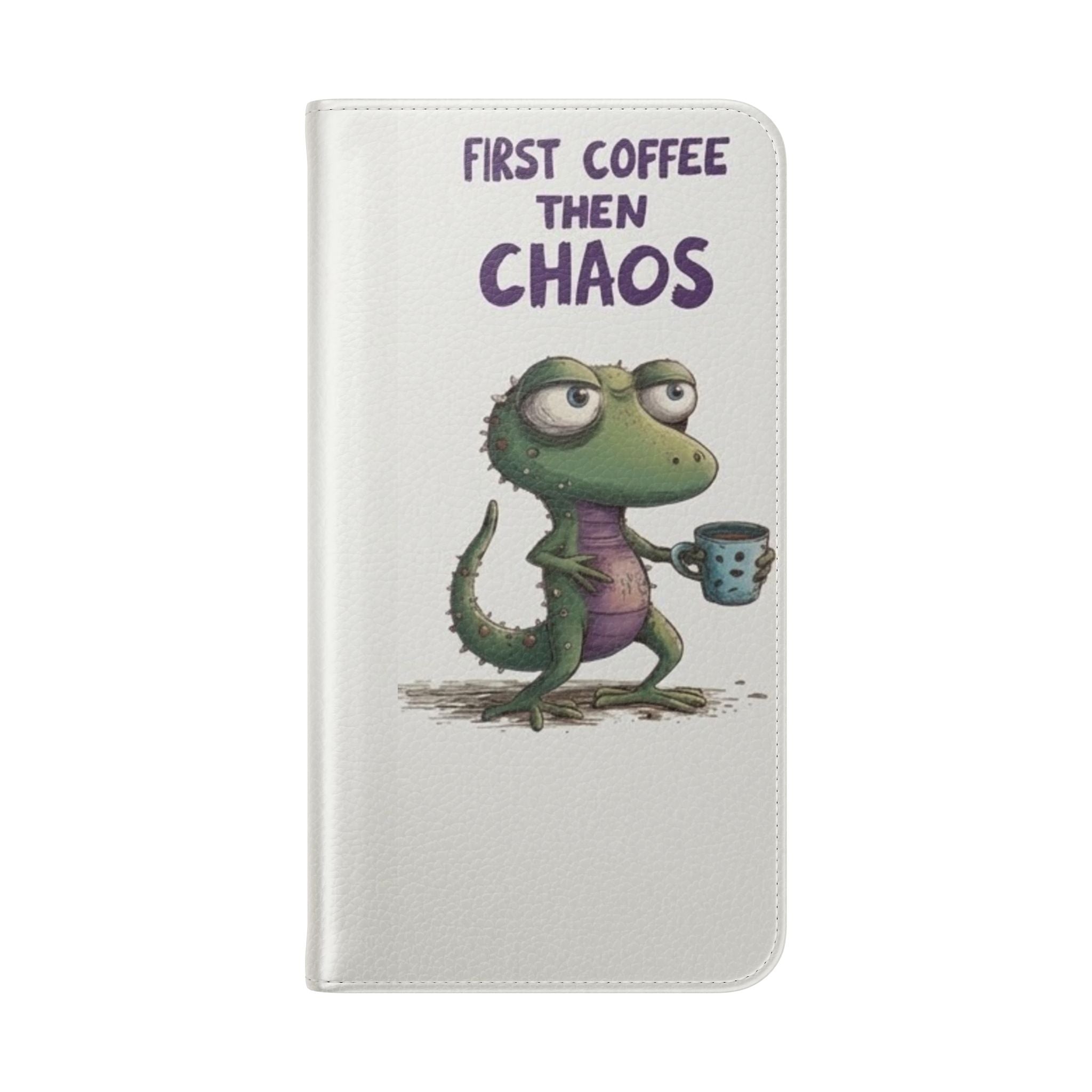 Flip Case — "First Coffee Then Chaos" Cute Dino Phone Wallet