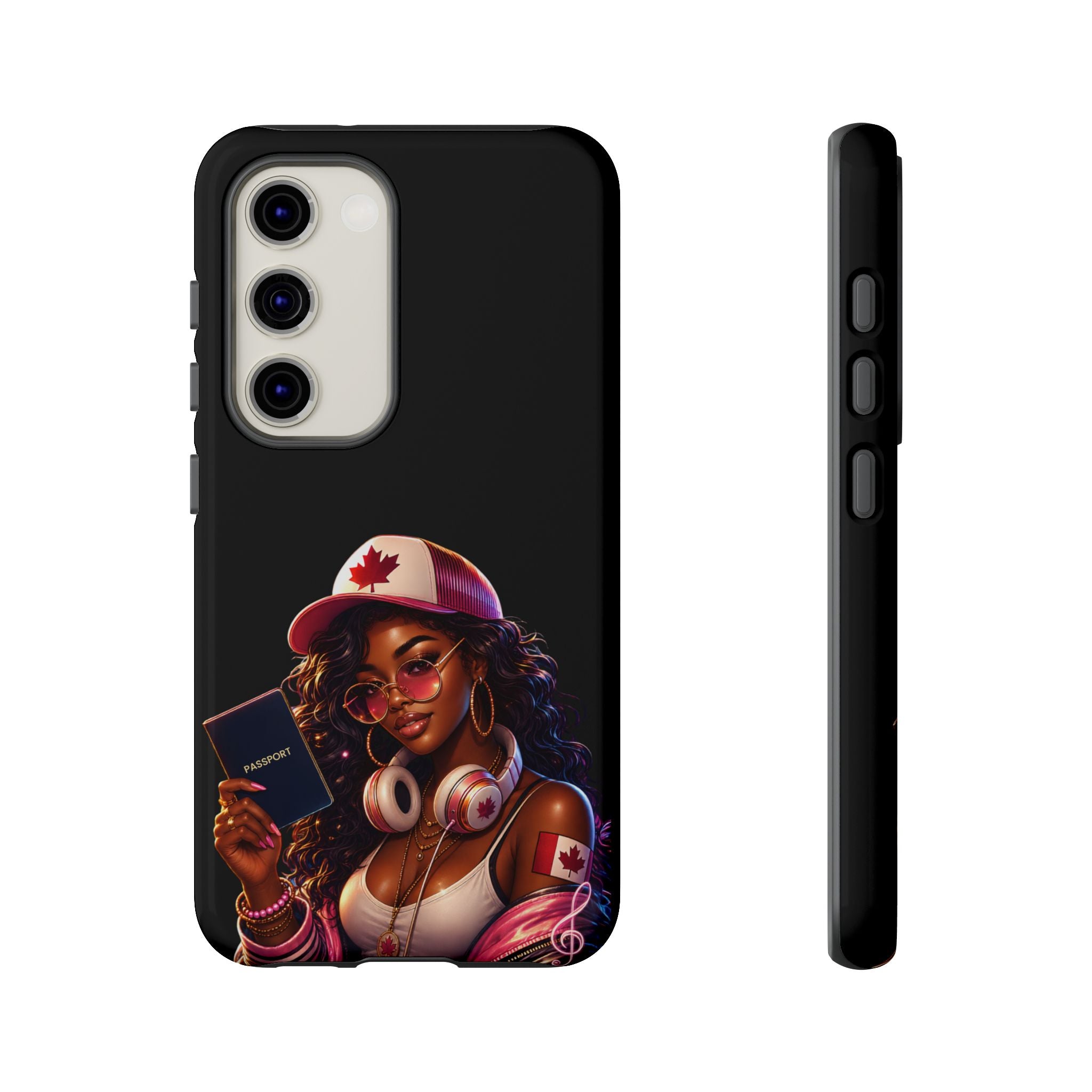 Canadian Vibes Phone Case — Afrobeat Girl with Headphones & Passport Design