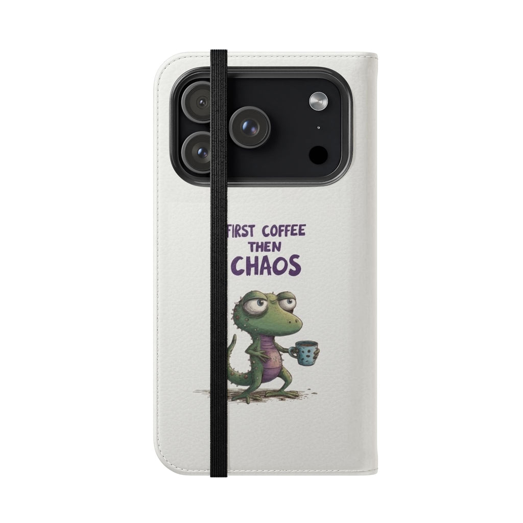 Flip Case — "First Coffee Then Chaos" Cute Dino Phone Wallet