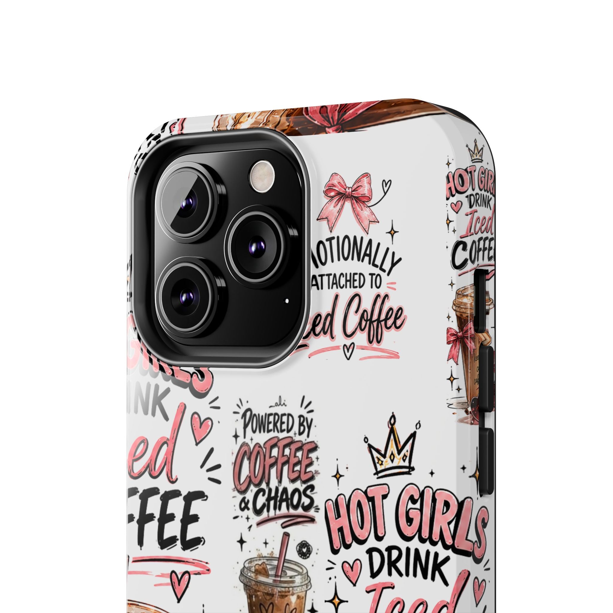 Iced Coffee Pattern Phone Case – "Powered by Coffee & Chaos" Tough Protective Case