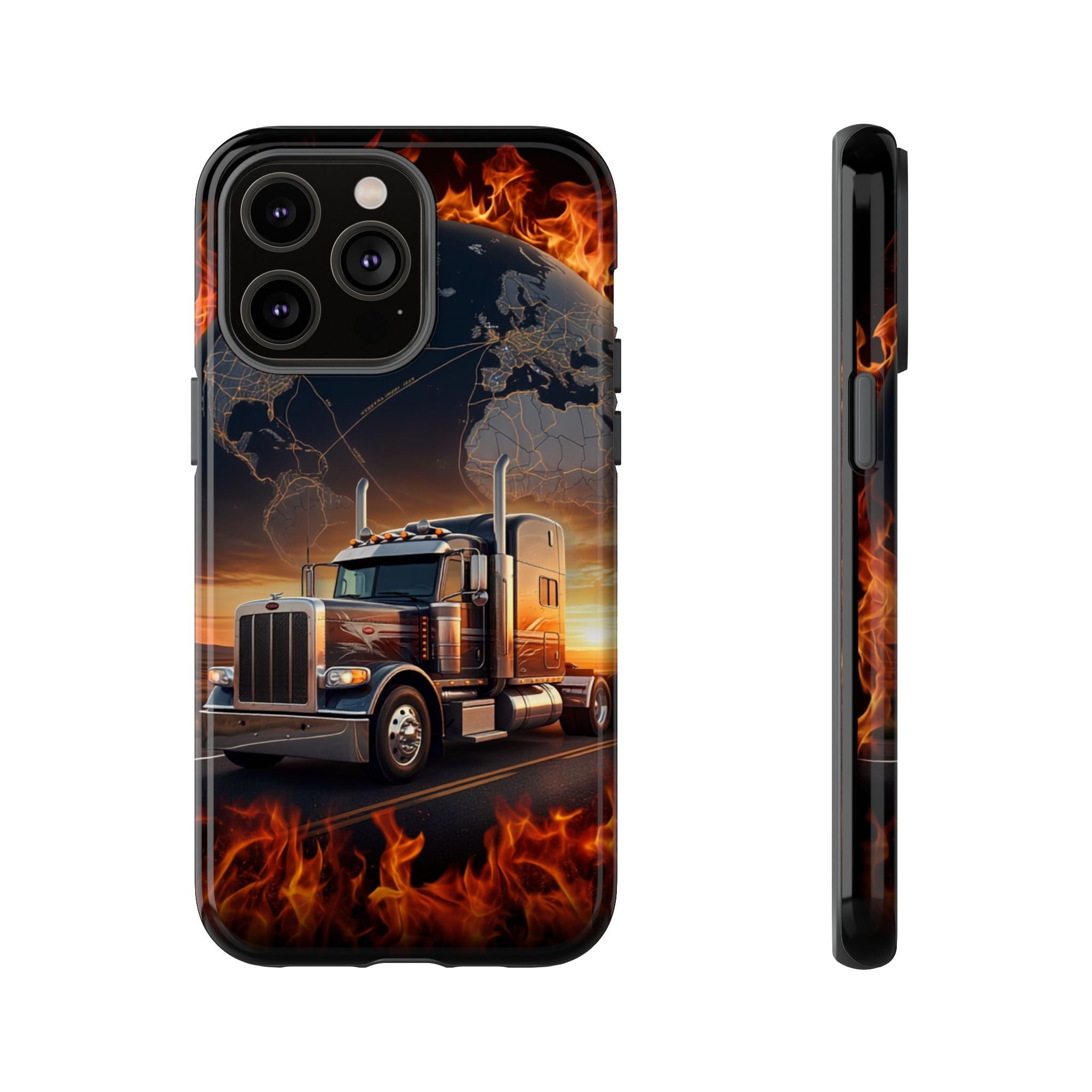 Truck Flames Phone Case — Bold Semi-Truck Globe Design