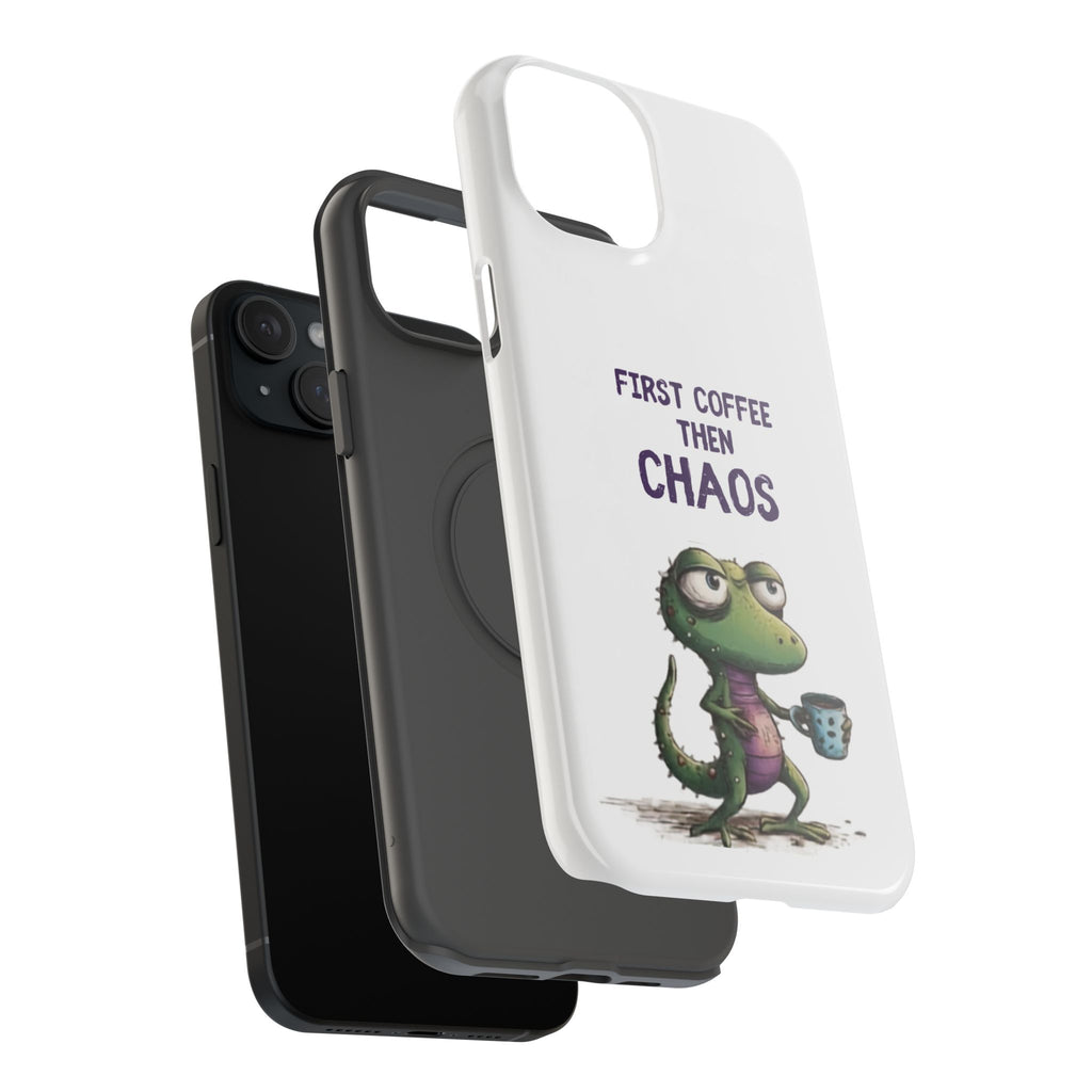 Impact-Resistant Phone Case — "First Coffee Then Chaos" Cute Lizard Coffee Design